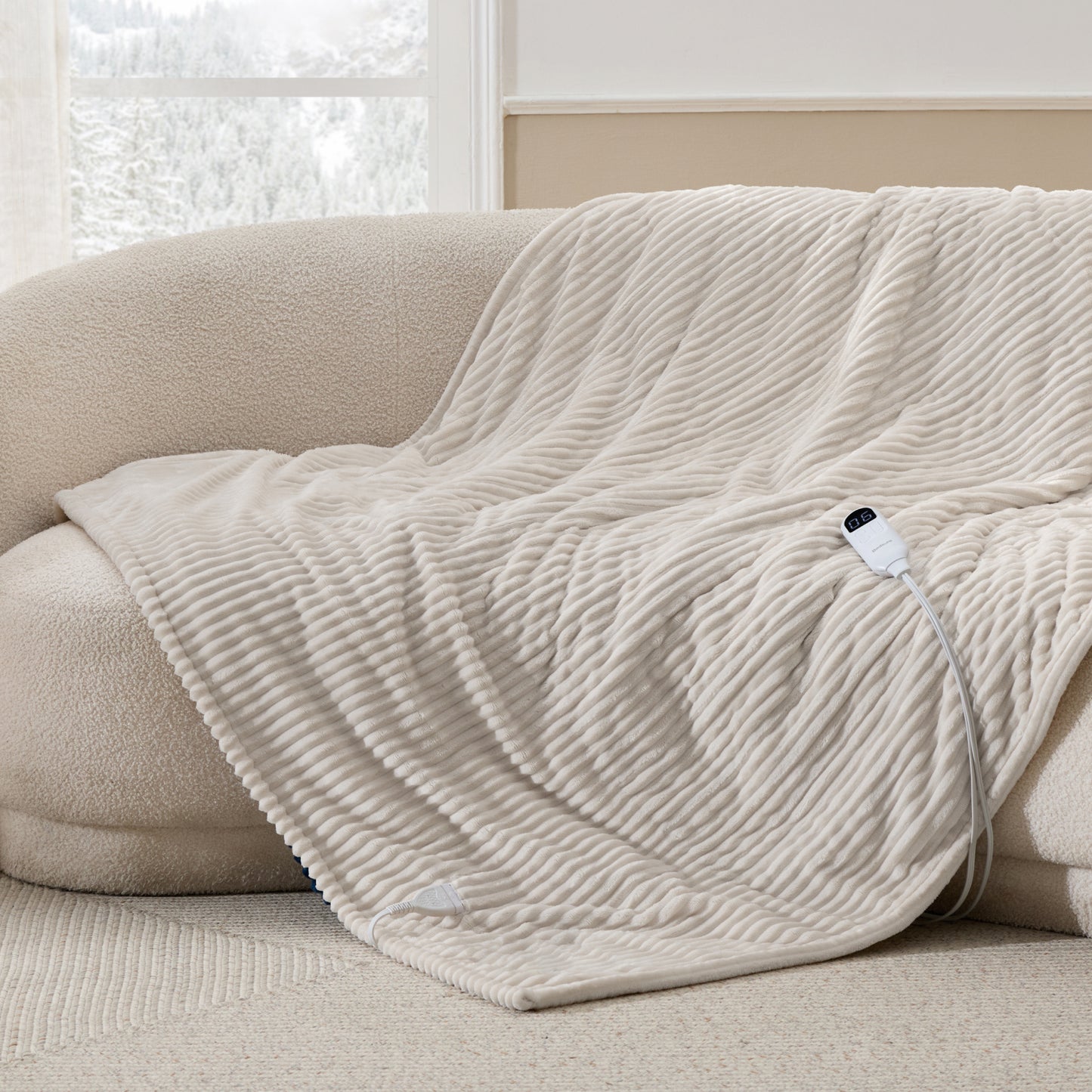 PureWoven™ cream ribbed electric blanket with controller, part of Smart Warmth Bundle.