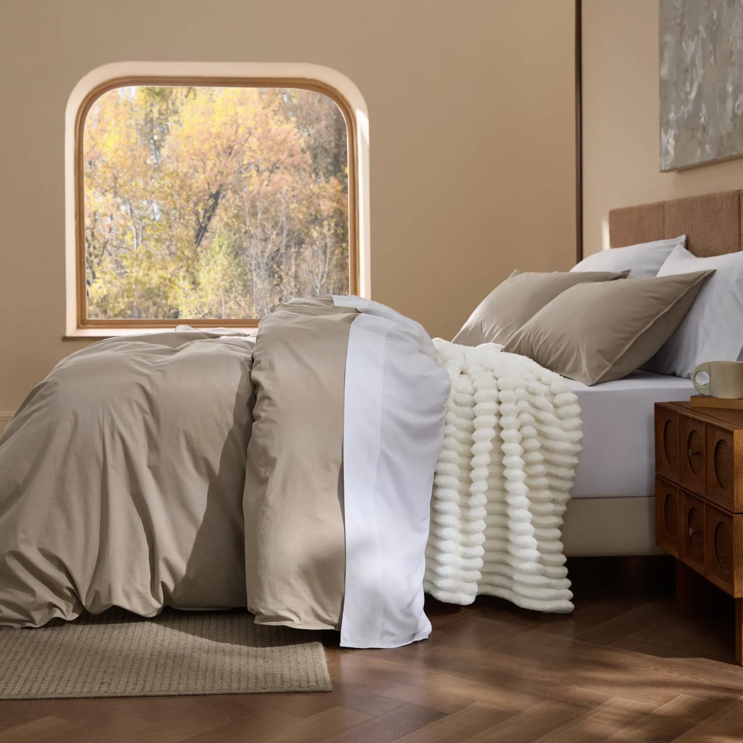 Slub Cotton Modern Cozy Bundle: taupe 100% cotton duvet, white sheets, plush polyester blanket.