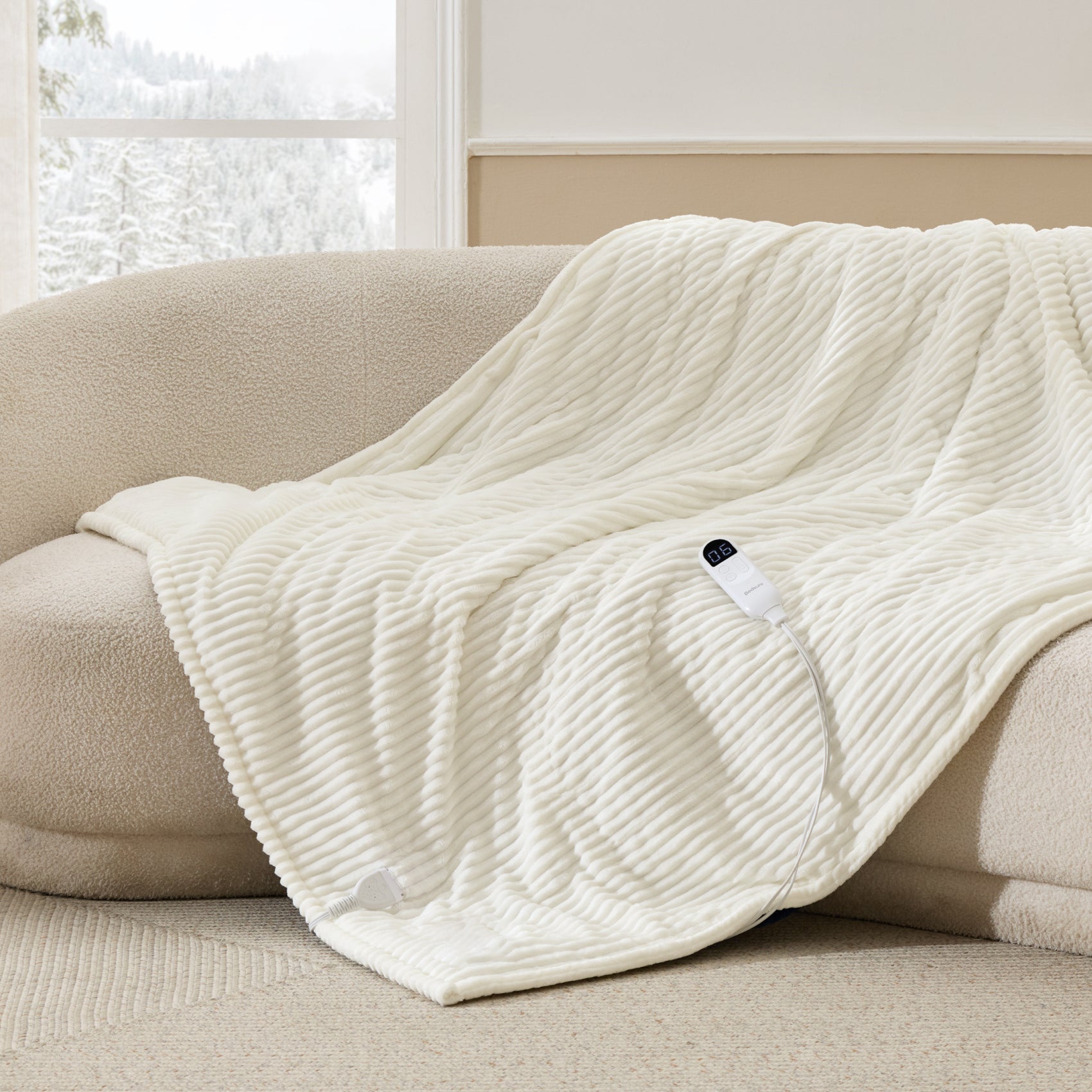 Organic Cotton Smart Warmth Bundle: Ribbed heated blanket in Coconut White.