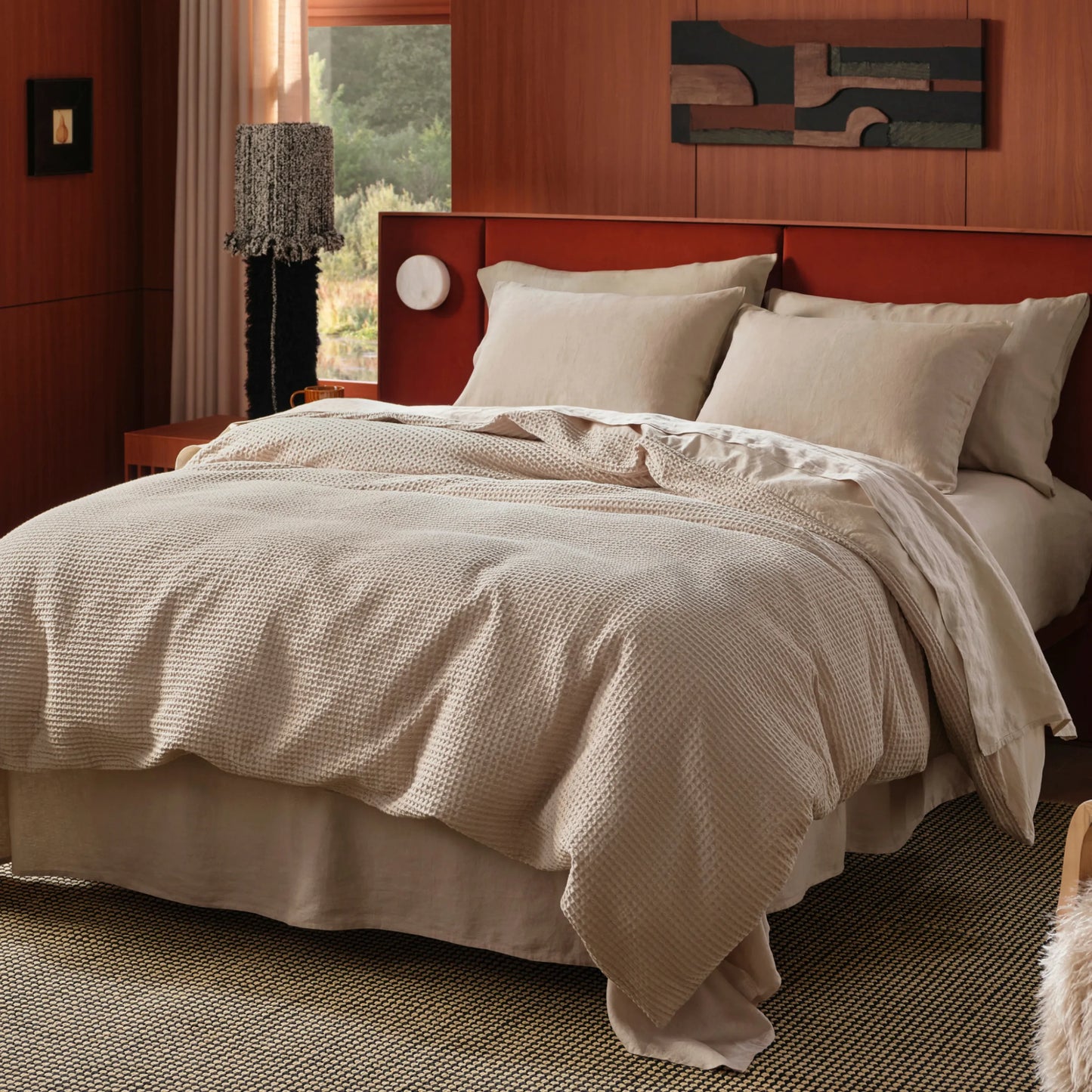 PureWoven™ beige cotton waffle weave duvet cover, showcasing its soft 3D textured surface.