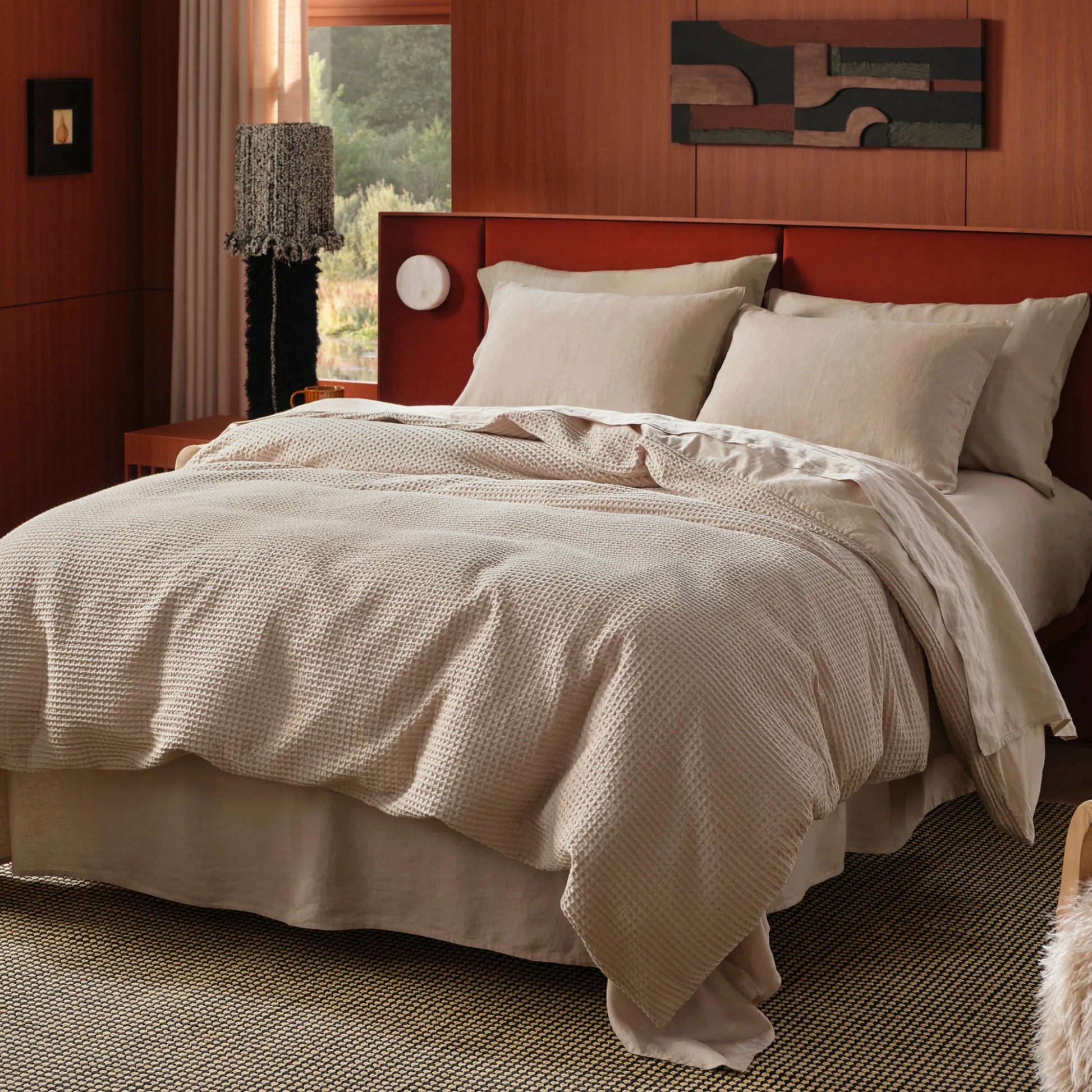 PureWoven™ beige cotton waffle weave duvet cover, showcasing its soft 3D textured surface.
