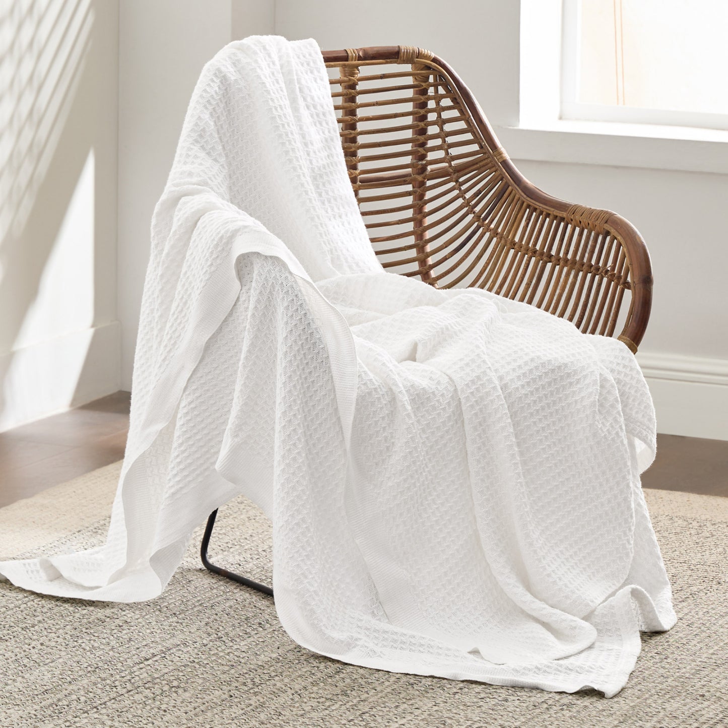 White organic cotton waffle weave blanket