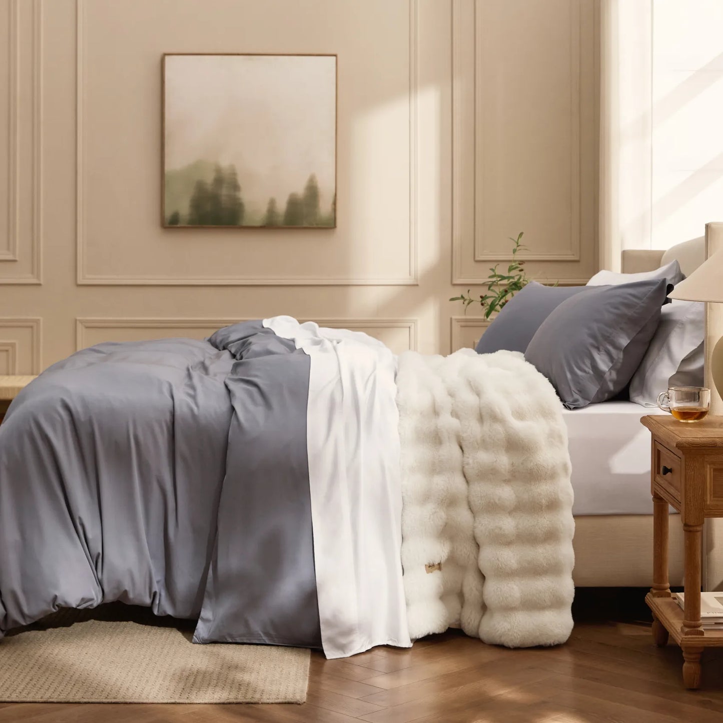 Grey rayon bamboo duvet, cream plush blanket, white sheets luxe bundle.
