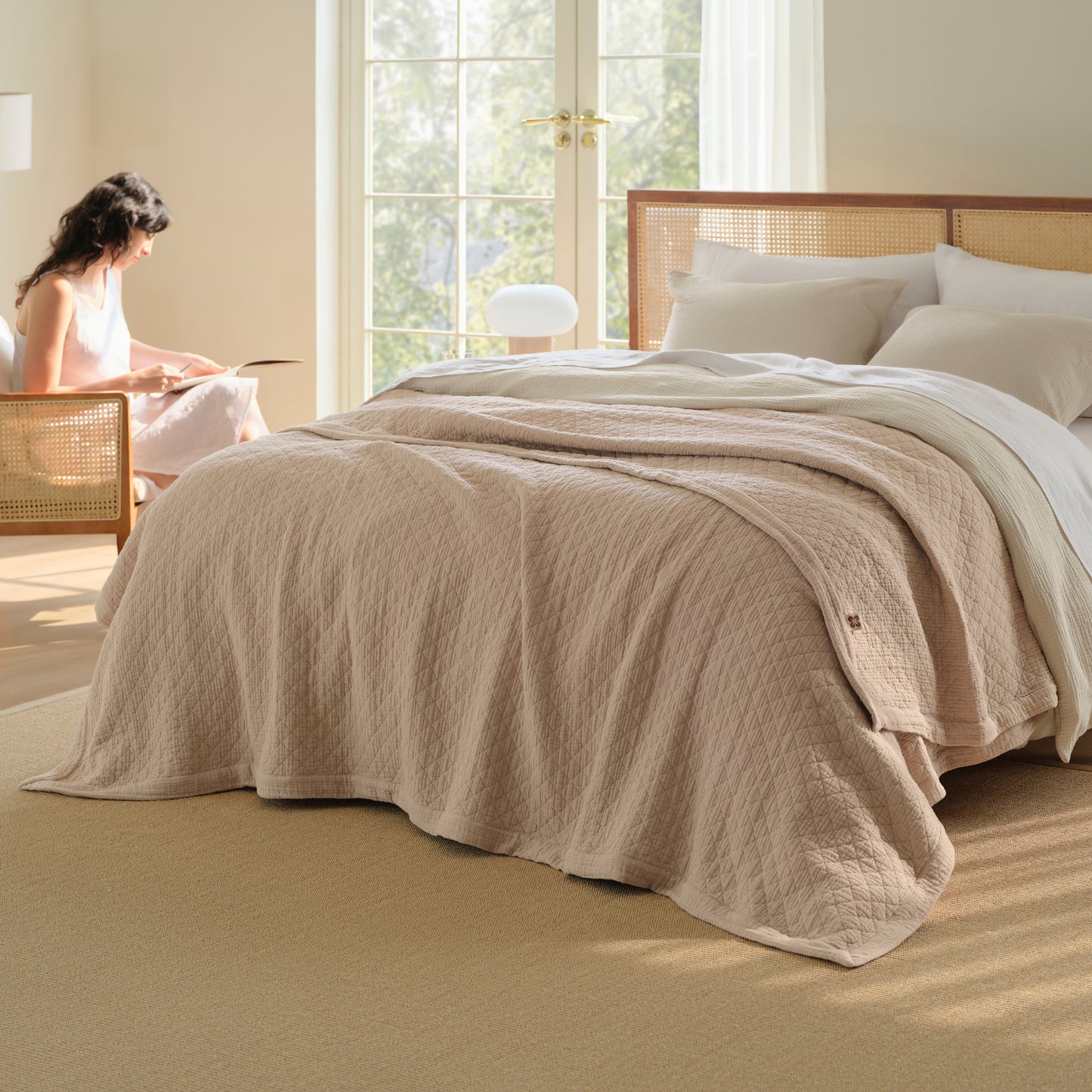 PureWoven™ taupe 8-layer cotton gauze blanket, diamond pattern