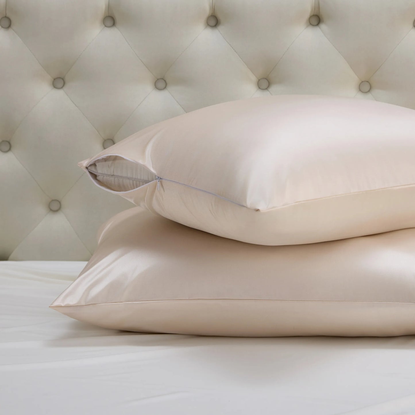 Beige Beauty Sleep Pillowcases: cooling nylon-spandex, silk-like finish, zipper detail.
