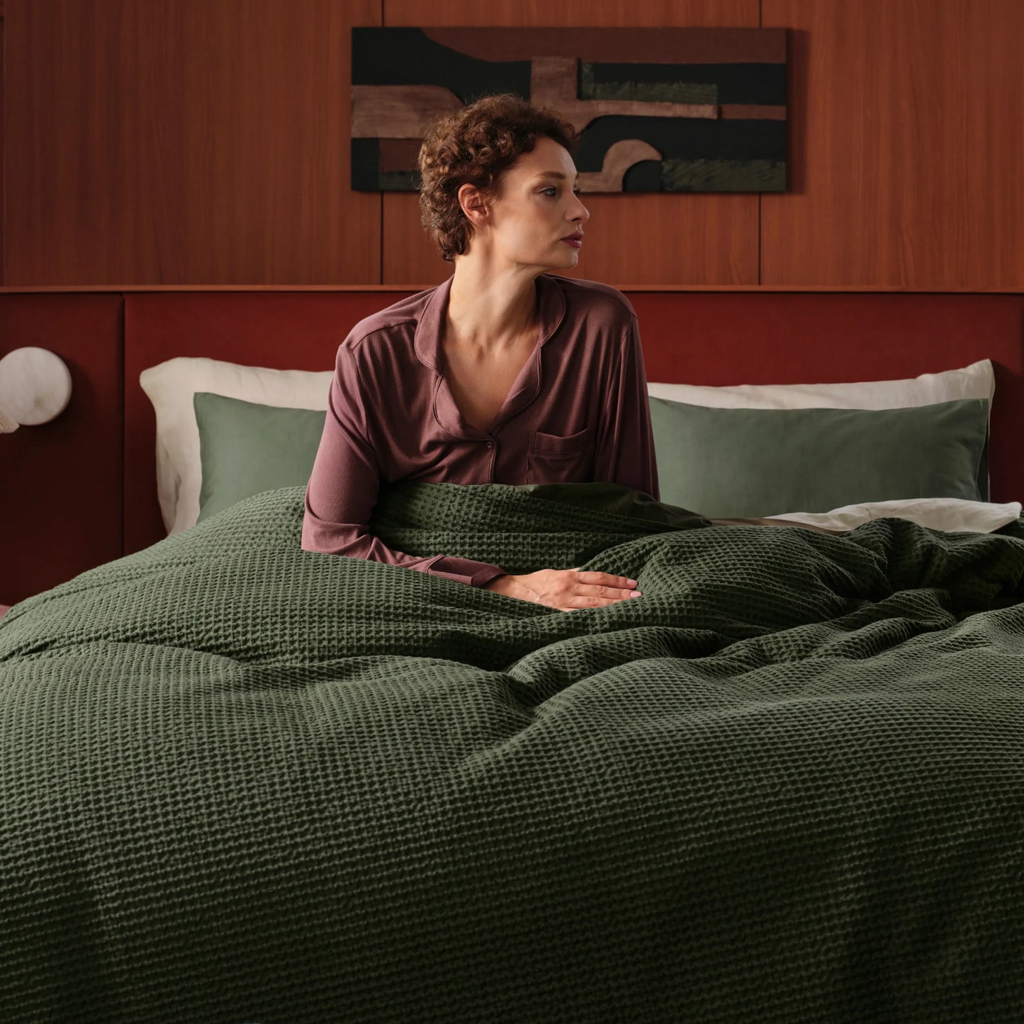 PureWoven™ textured cotton waffle weave duvet cover deep green