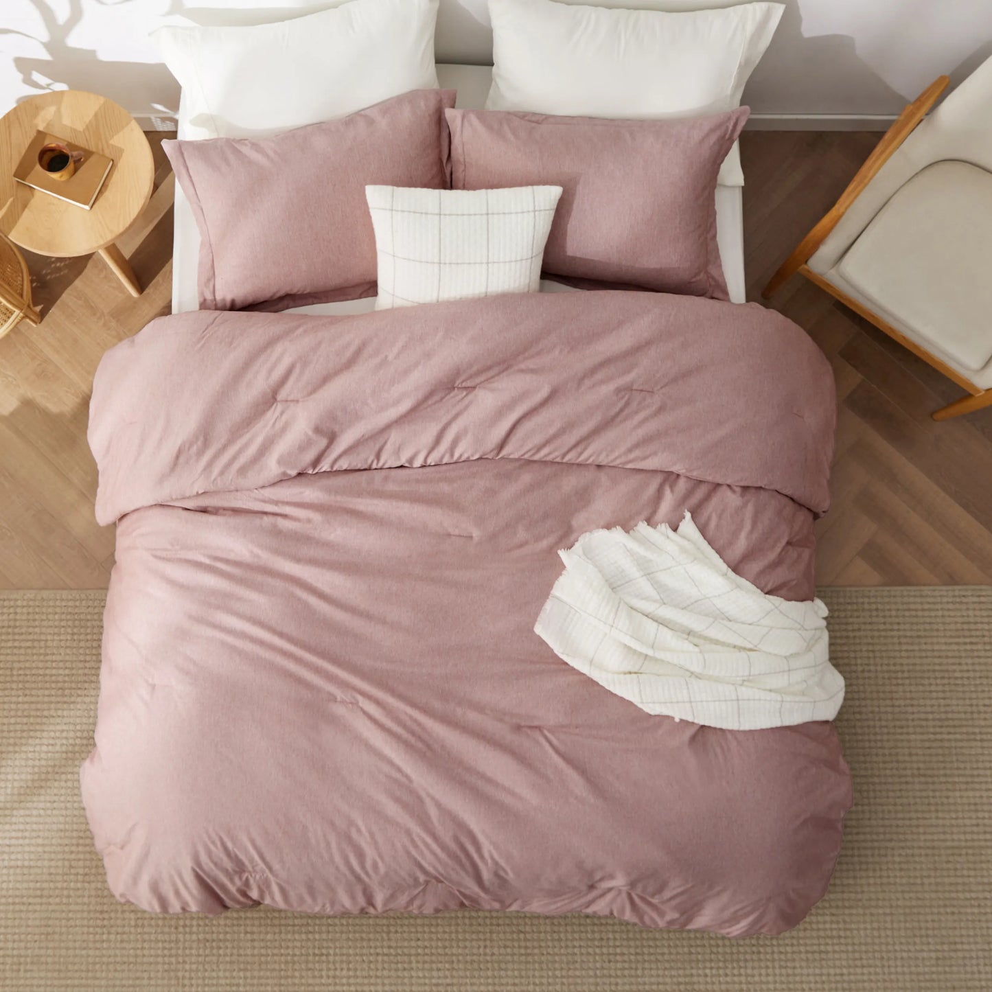 Muted rose cationic dye comforter set with subtle dual-tone texture, 100gsm fill.