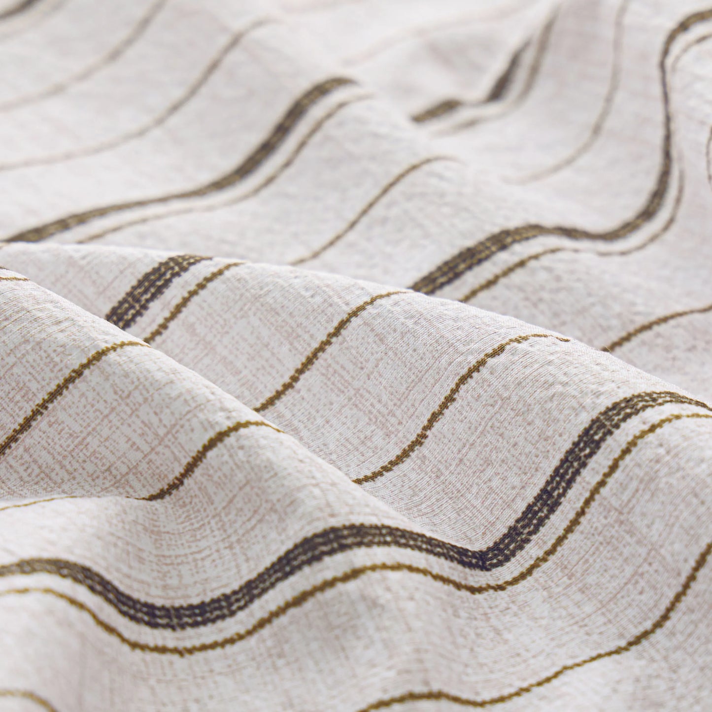 Light beige cotton-like striped sheet fabric with wavy dark stripes and textured weave.