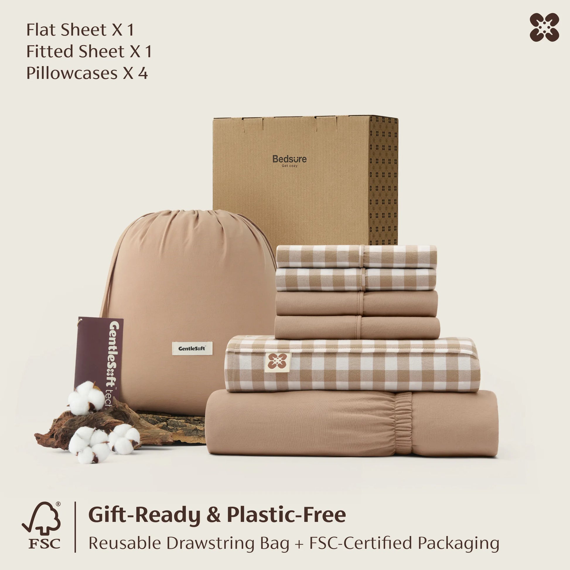 PureWoven™ 6pc washed cotton set, tan gingham/solid, 4 pillowcases, gift ready.