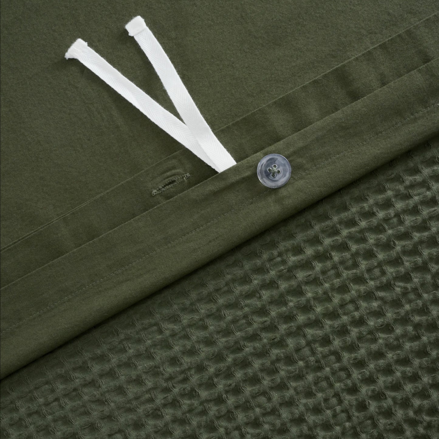 PureWoven olive green 100% cotton waffle weave duvet cover detail with button