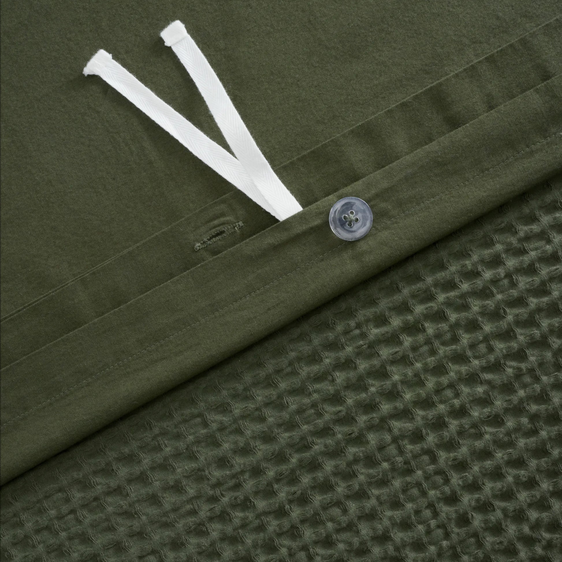 PureWoven olive green 100% cotton waffle weave duvet cover detail with button
