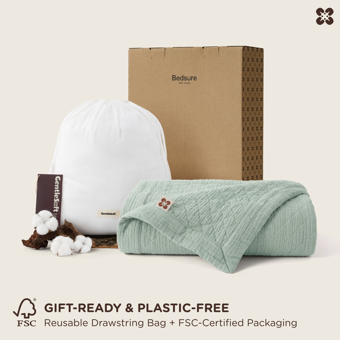 PureWoven 8-layer cotton gauze blanket, gift-ready plastic-free packaging with FSC reusable bag.
