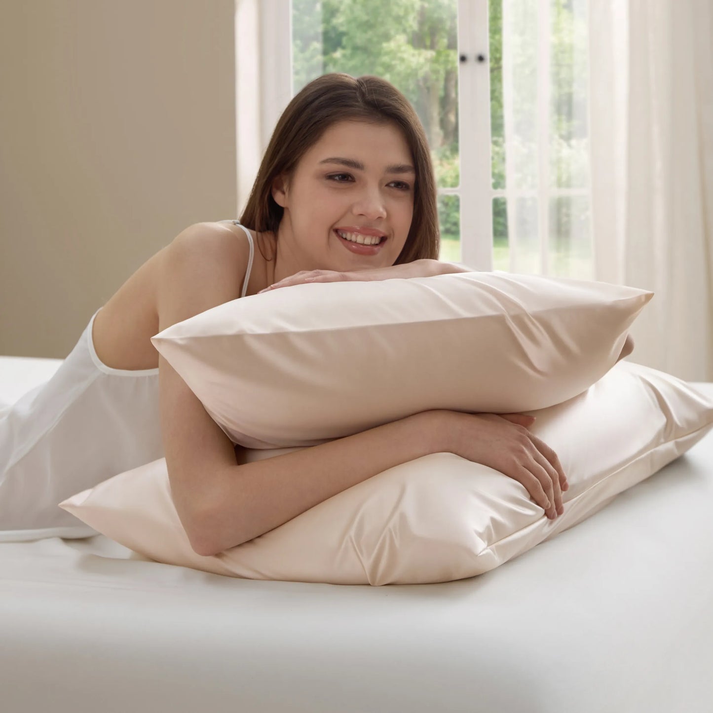 Woman relaxing on champagne cooling nylon-spandex Beauty Sleep Pillowcases
