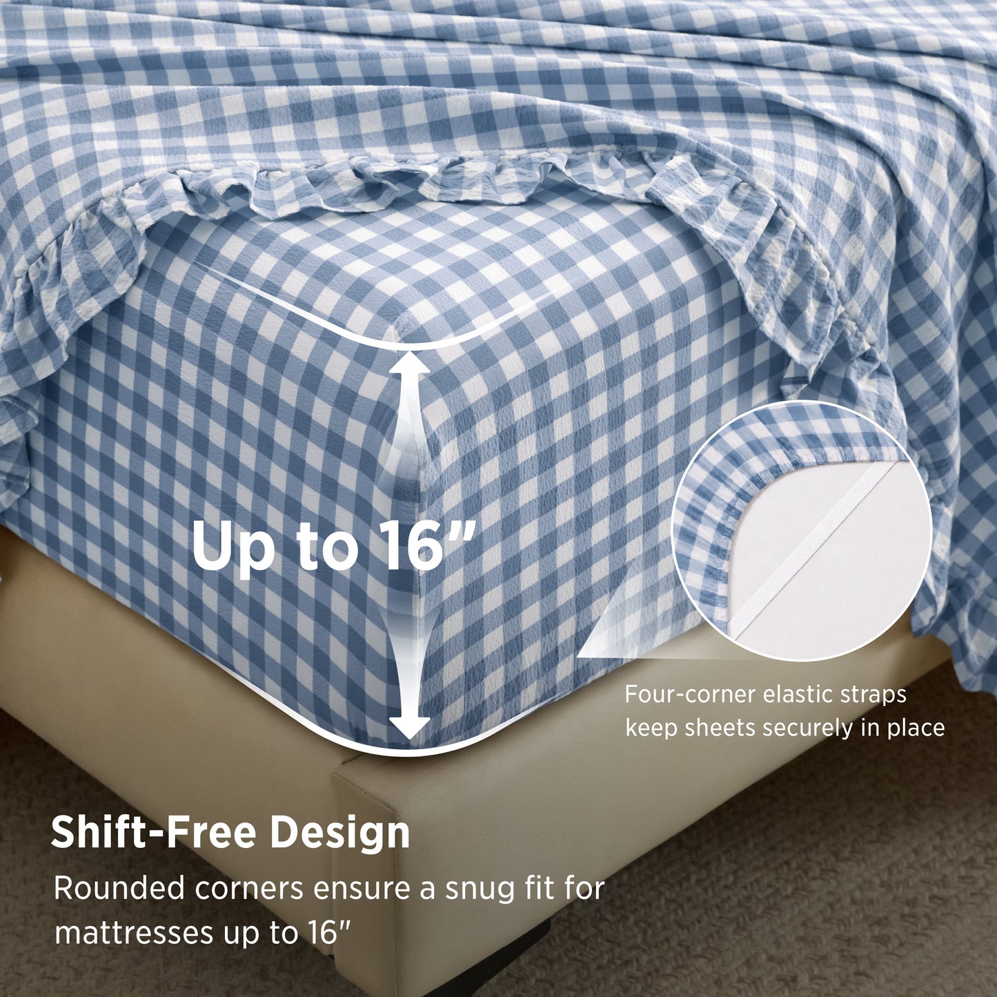 Ruffled Cotton-Like Gingham Sheet Set