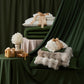 PureWoven Serene Blend plush bundle: bamboo-cotton sateen sheets, green duvet, faux fur throw, gift boxes.