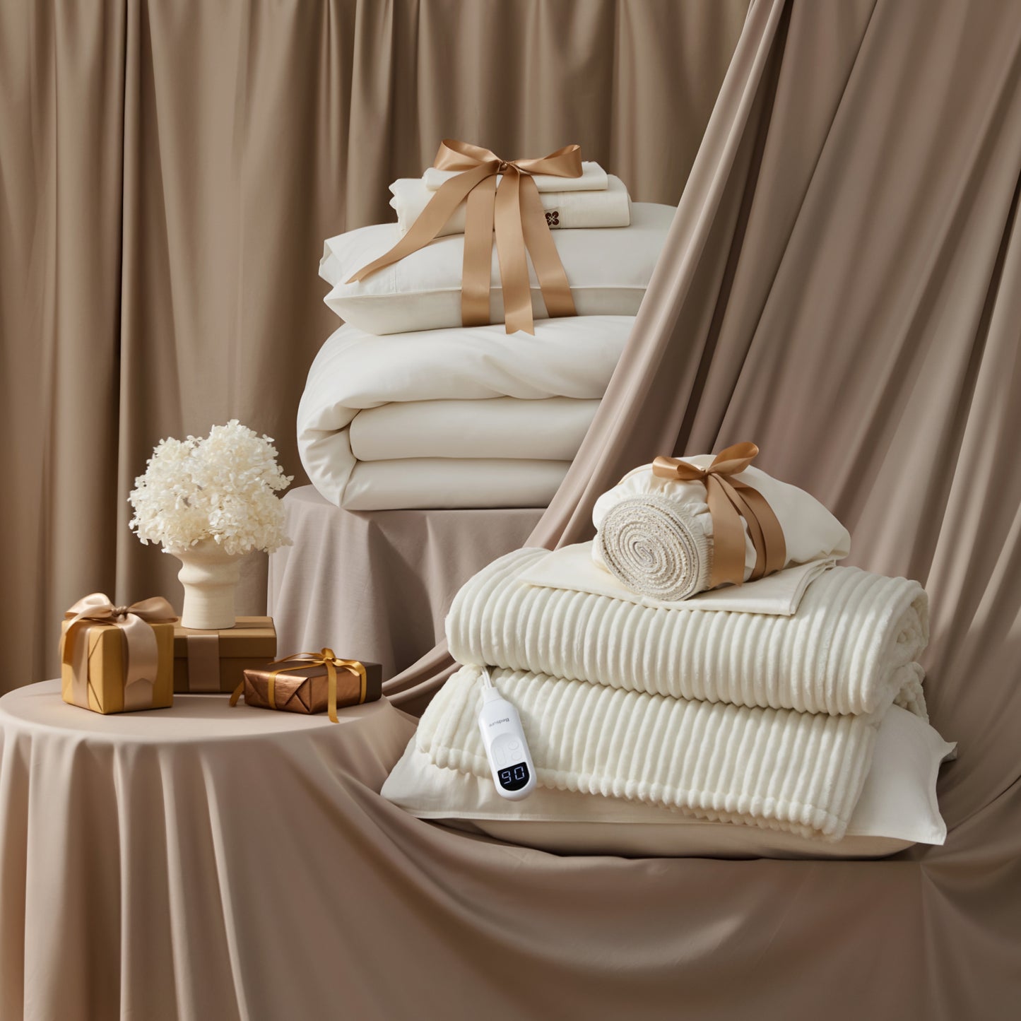 Organic Cotton Smart Warmth Bundle: White sheet set, duvet cover, and ribbed heated blanket gift.