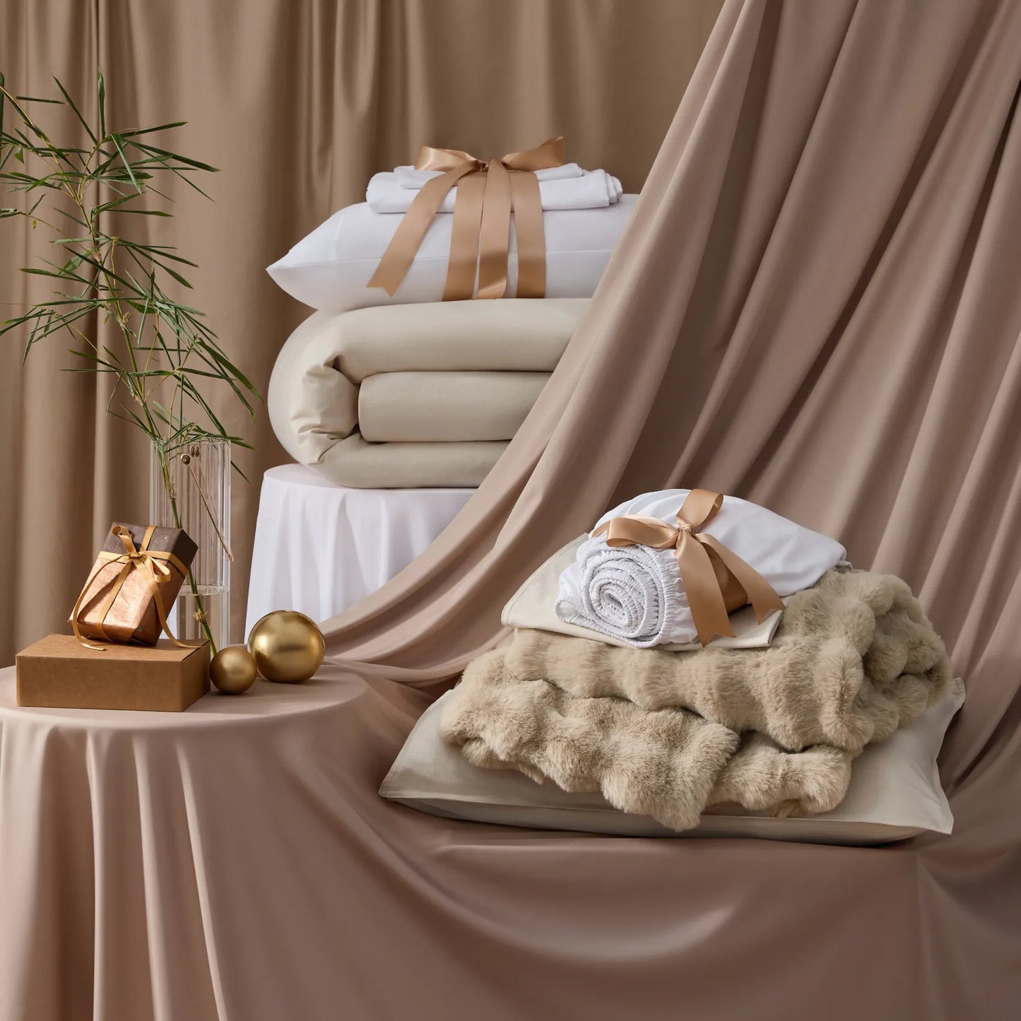 Slub Cotton Plush Luxe Bundle: duvet cover, sheets, and plush faux fur blanket.