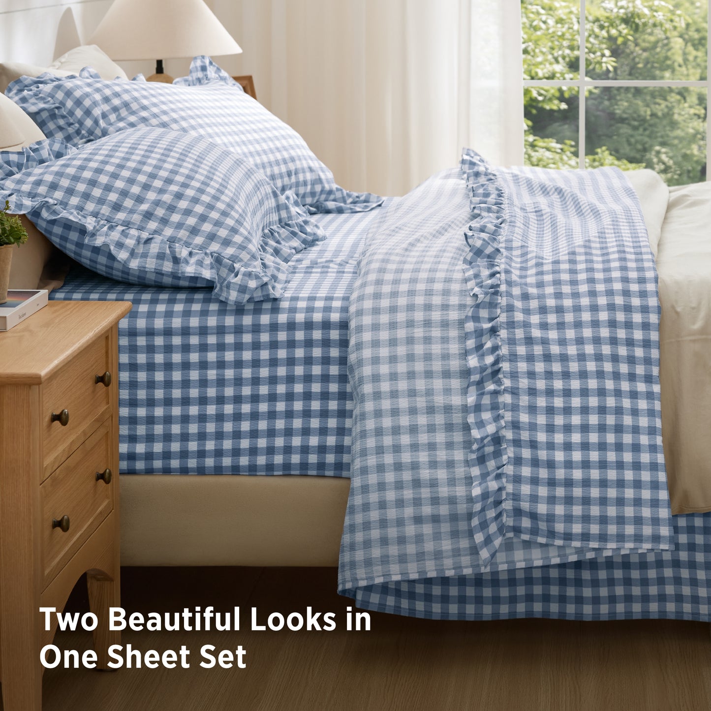 Ruffled Cotton-Like Gingham Sheet Set