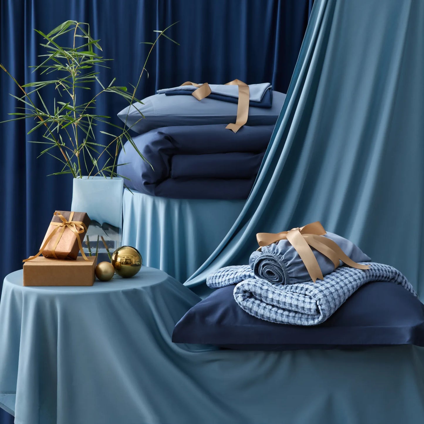 Rayon Derived From Bamboo Waffle Bundle: Blue bedding, waffle blanket, elegant decor.
