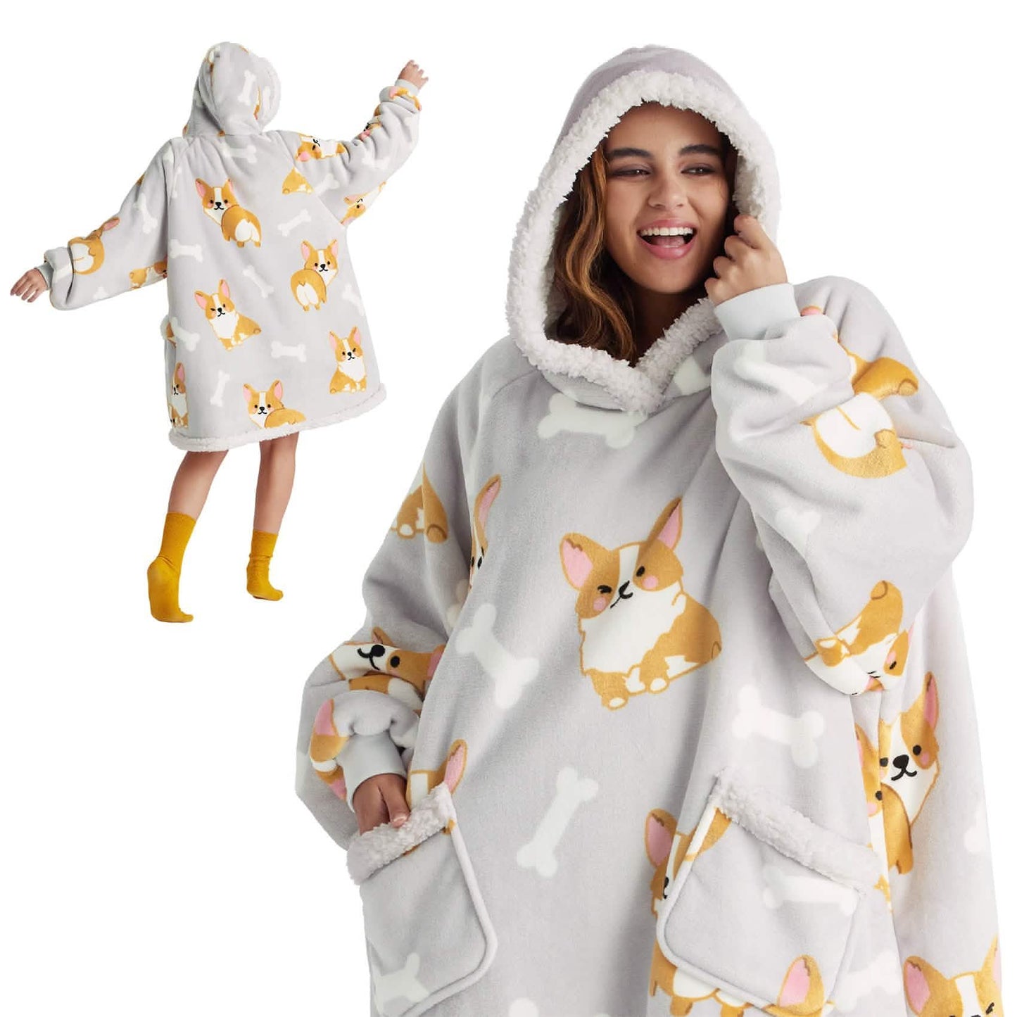 Sherpa Fleece Printed Short Wearable Blanket Hoodie