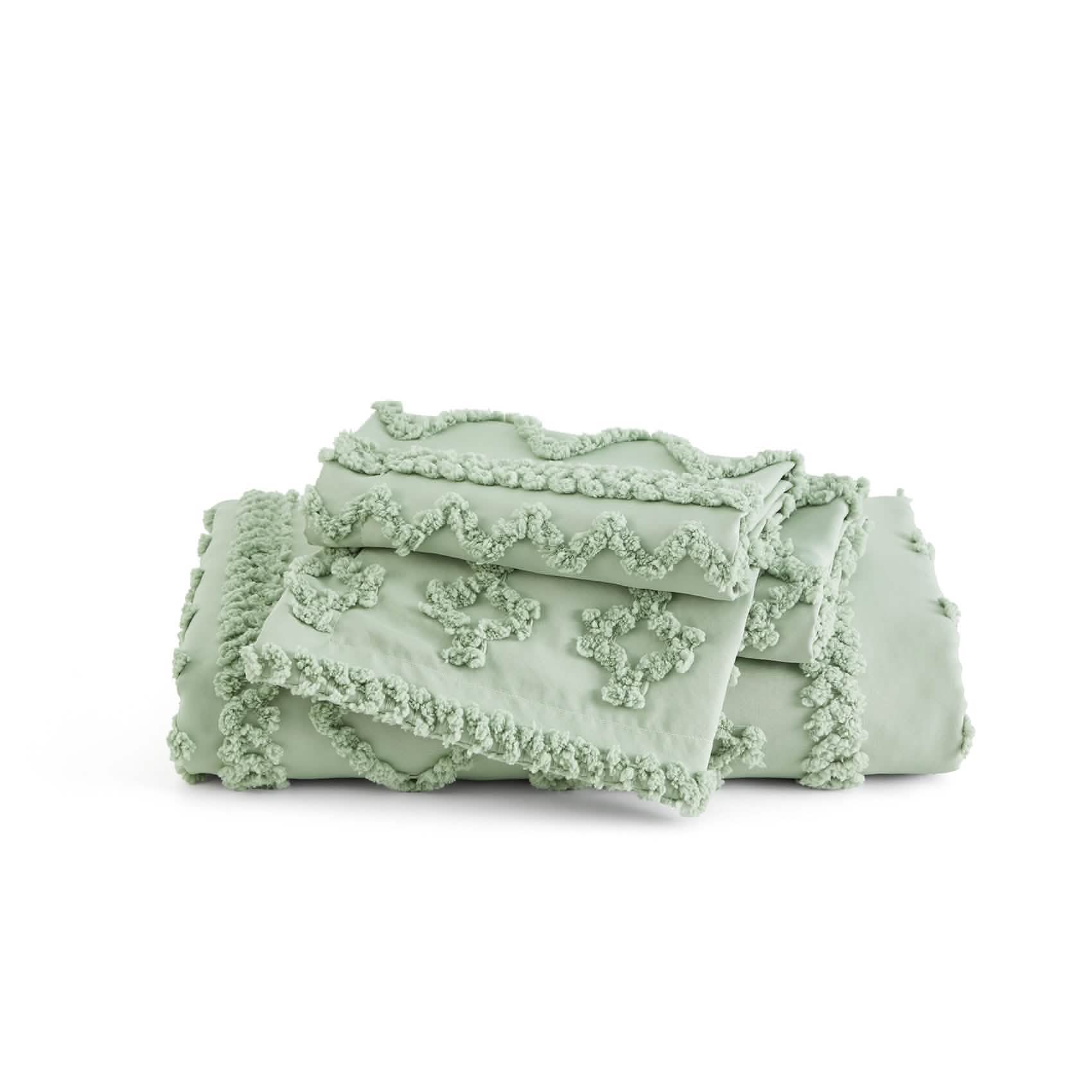 Pale green boho tufted duvet cover set with geometric embroidery. Microfiber texture, includes 2 shams.