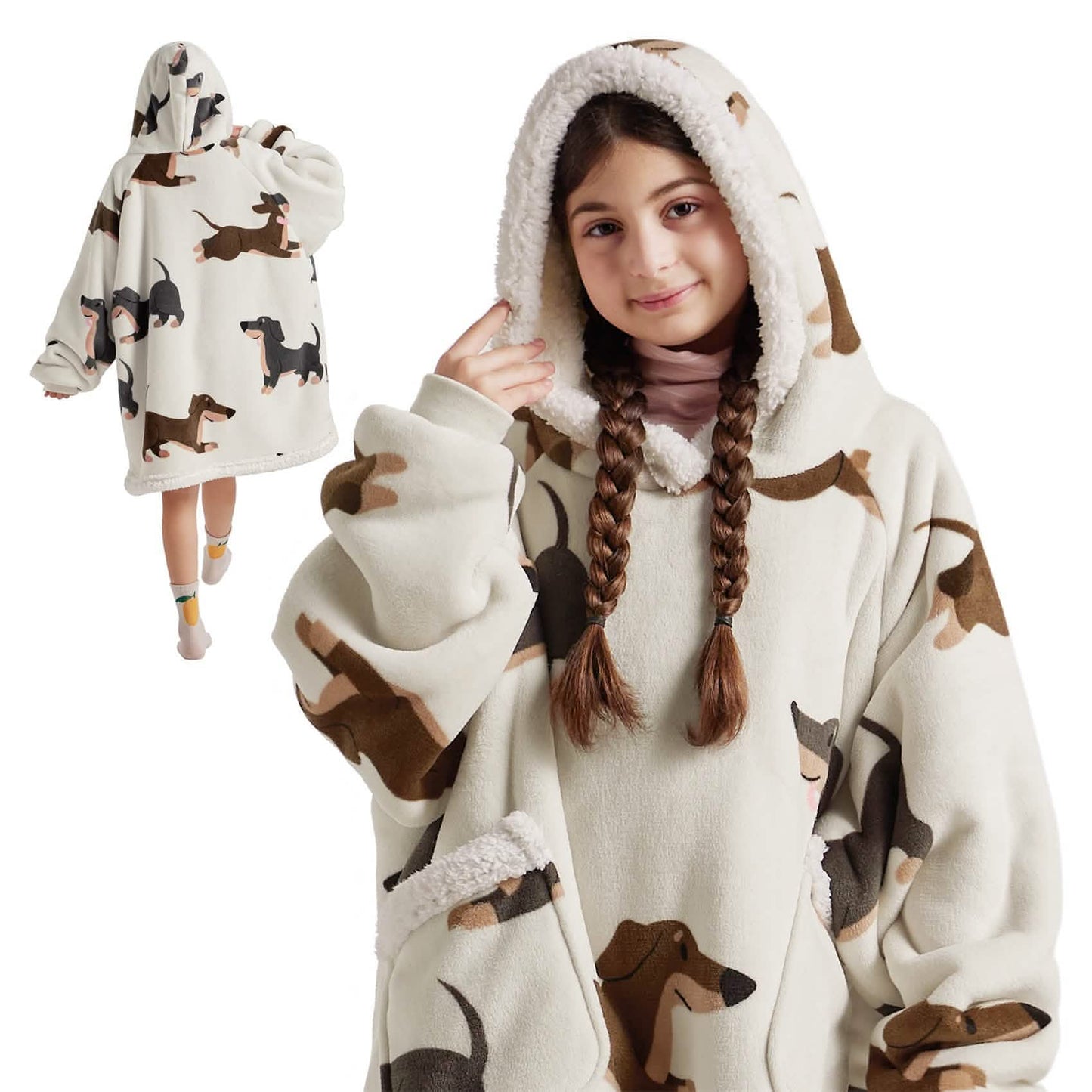 Cute Printed Patterns Sherpa Blanket Hoodie Grey
