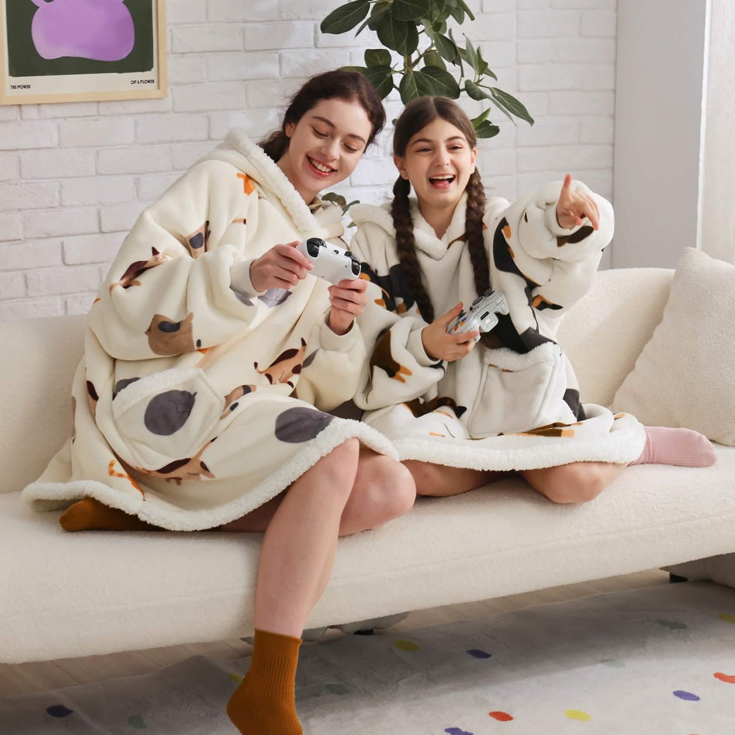 Cute Printed Patterns Sherpa Blanket Hoodie Grey