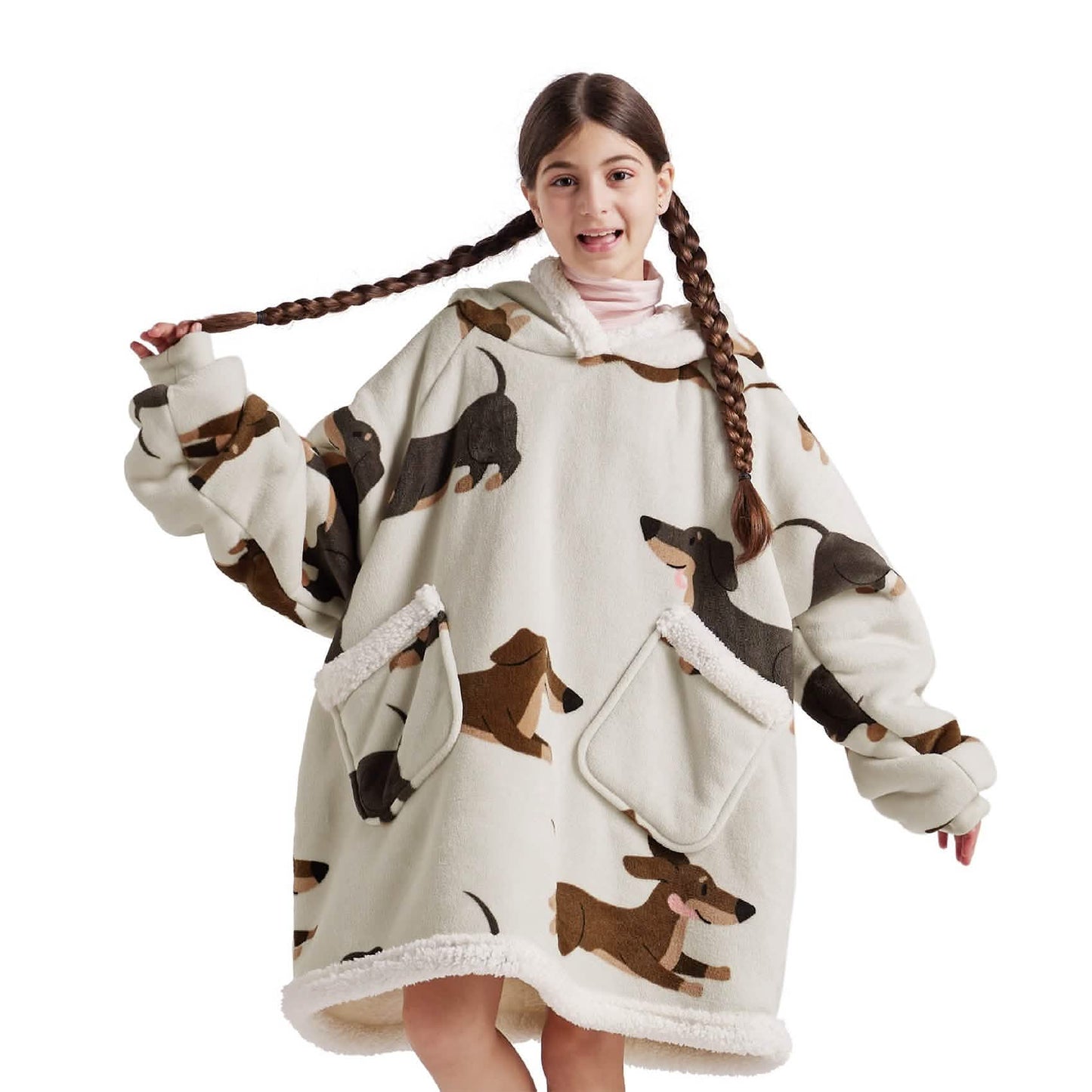 Cute Printed Patterns Sherpa Blanket Hoodie Grey