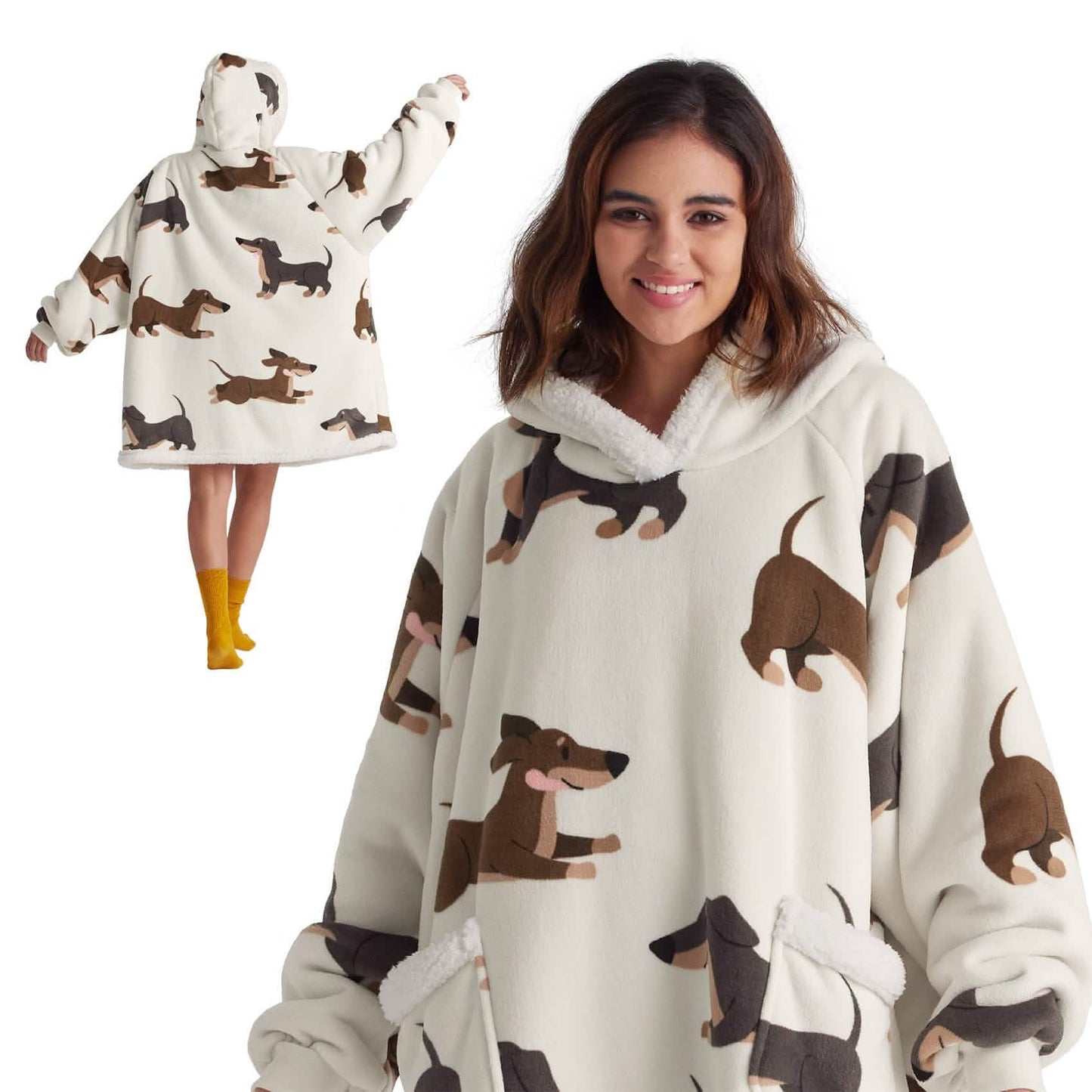 Cute Printed Patterns Sherpa Blanket Hoodie Grey