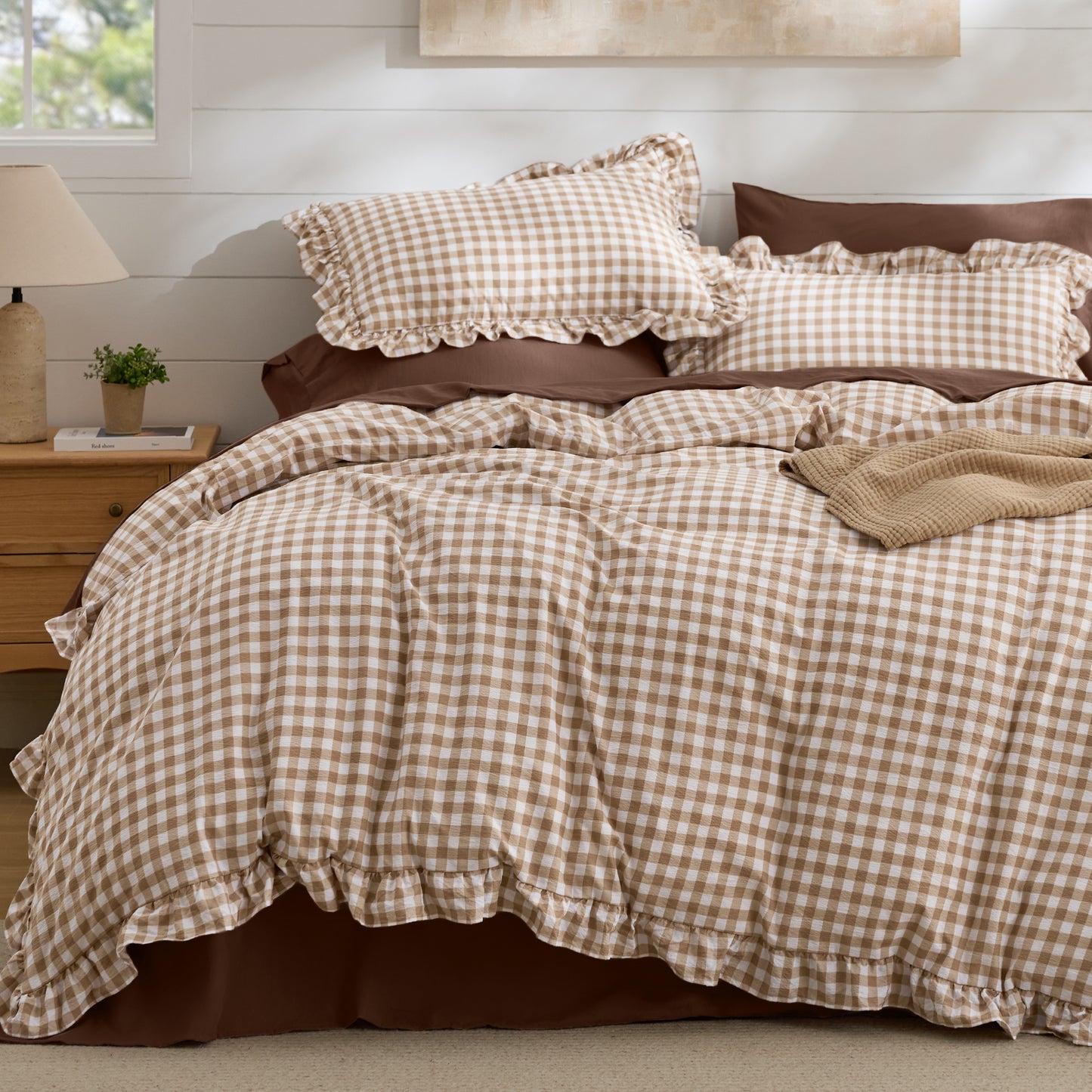 Ruffled Cotton-Like Gingham Duvet Cover Set
