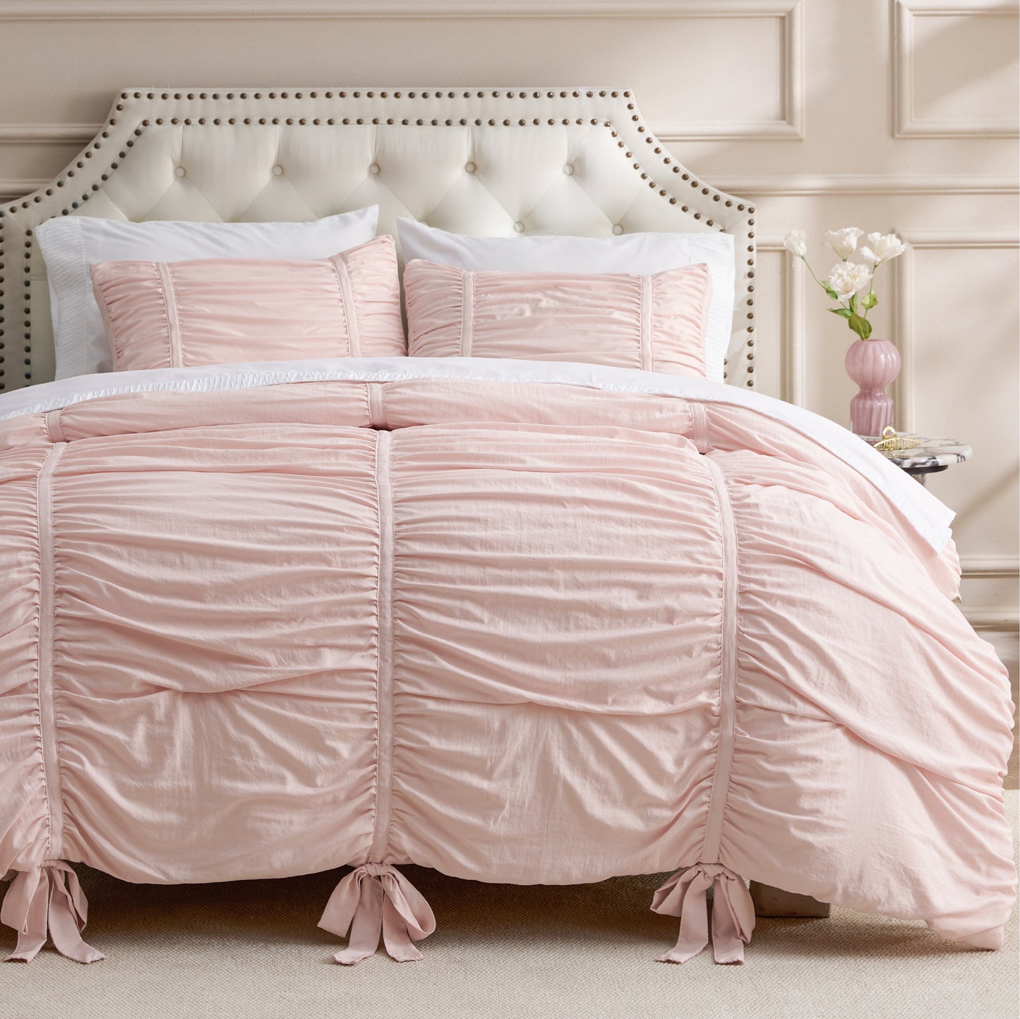 Pink Ruched Bow Comforter Set with decorative bows and ruched detail