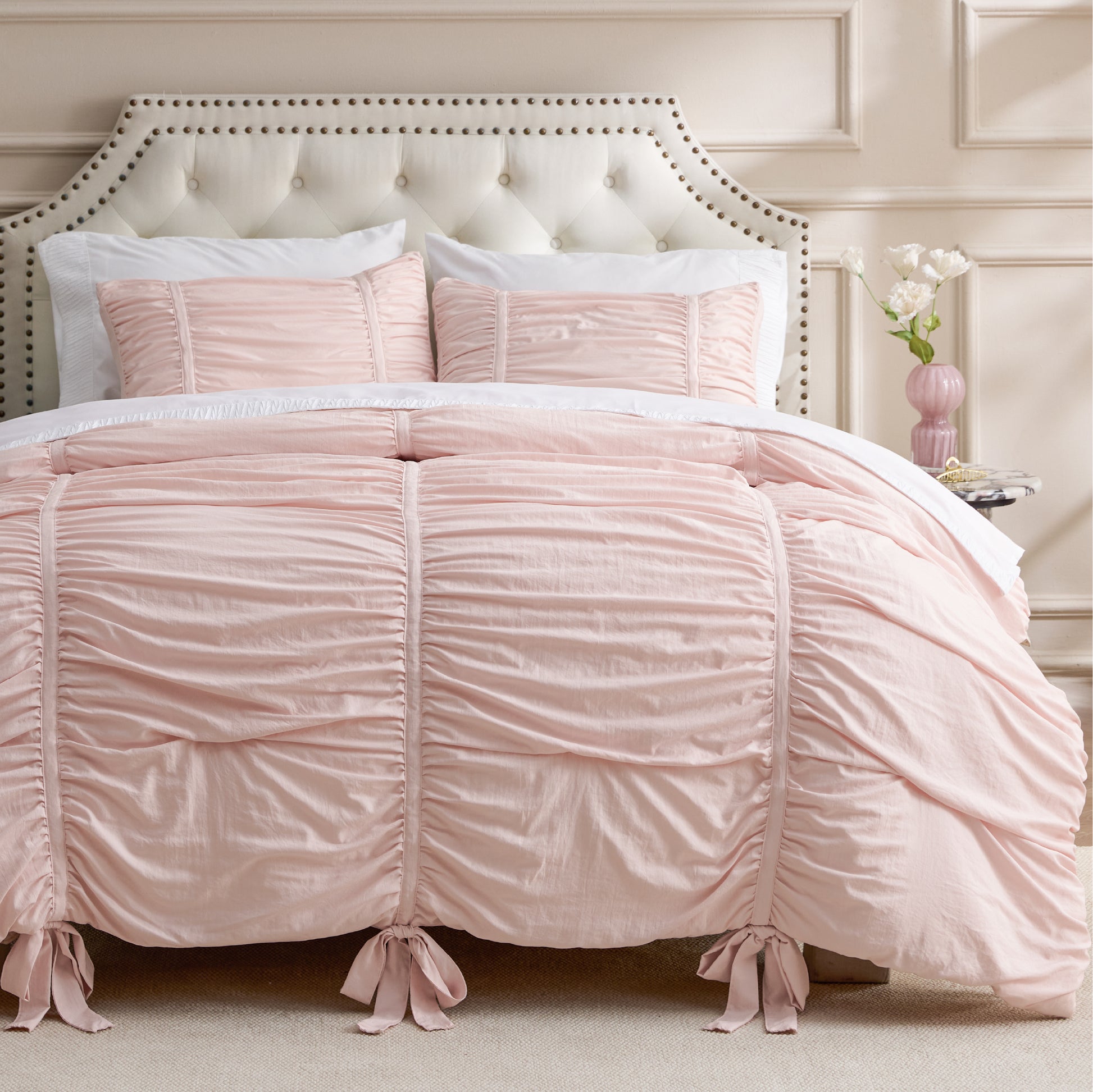 Pink Ruched Bow Comforter Set with decorative bows and ruched detail