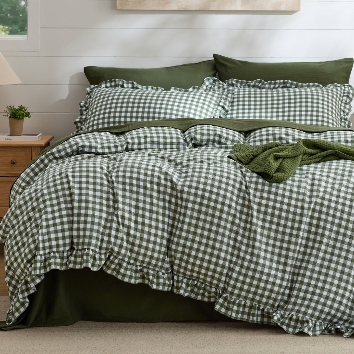 Ruffled Cotton-Like Gingham Duvet Cover Set