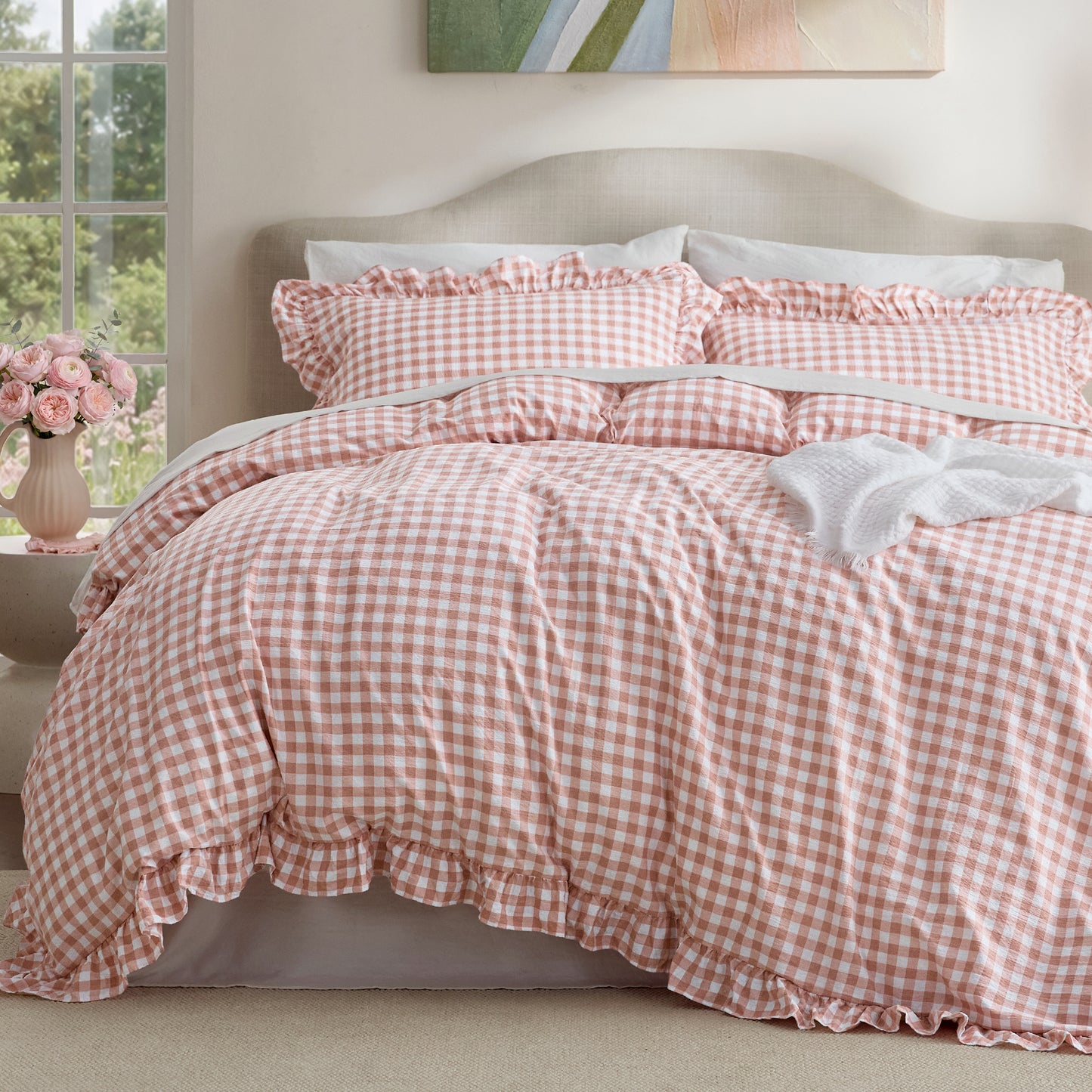 Ruffled Cotton-Like Gingham Duvet Cover Set