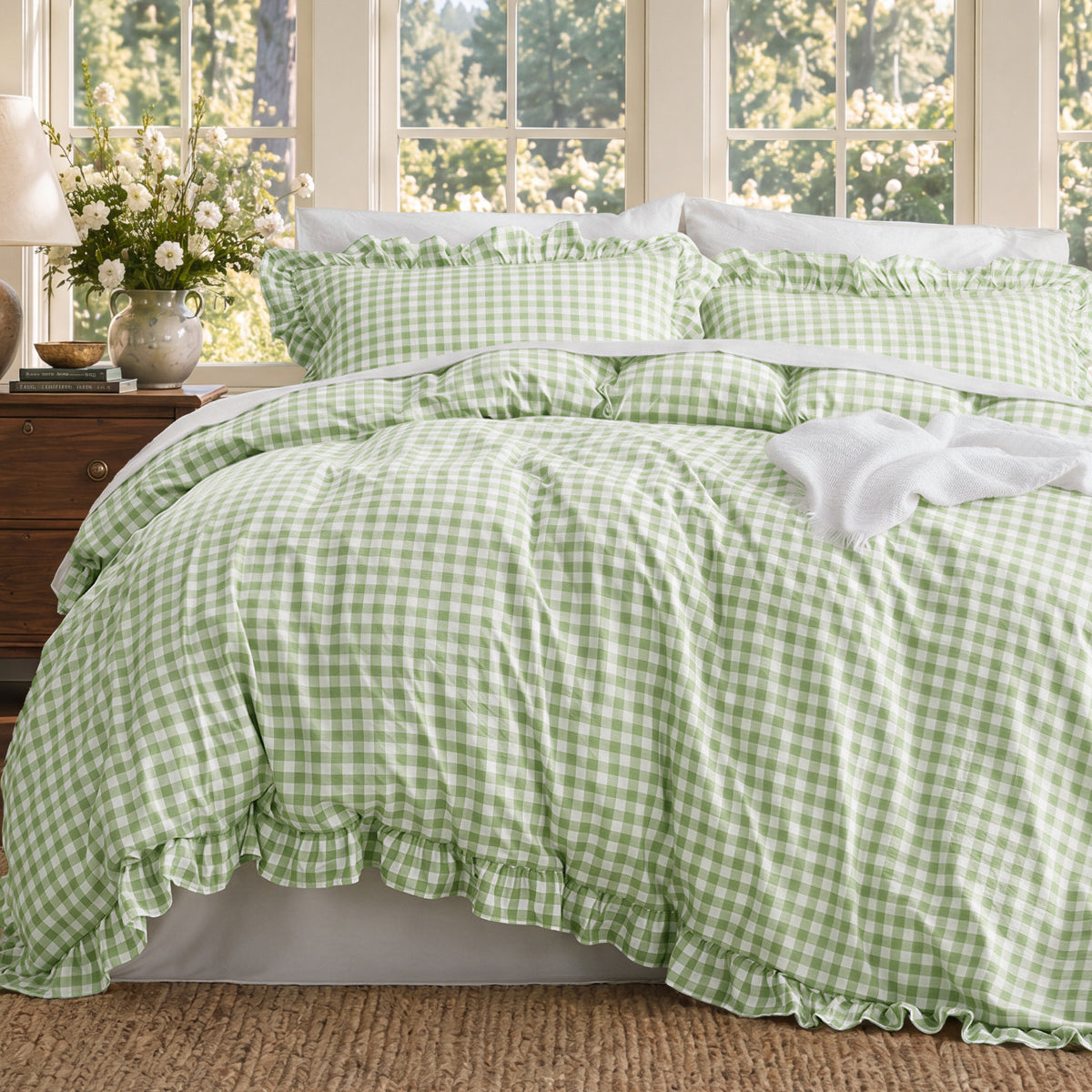 Ruffled Cotton-Like Gingham Duvet Cover Set