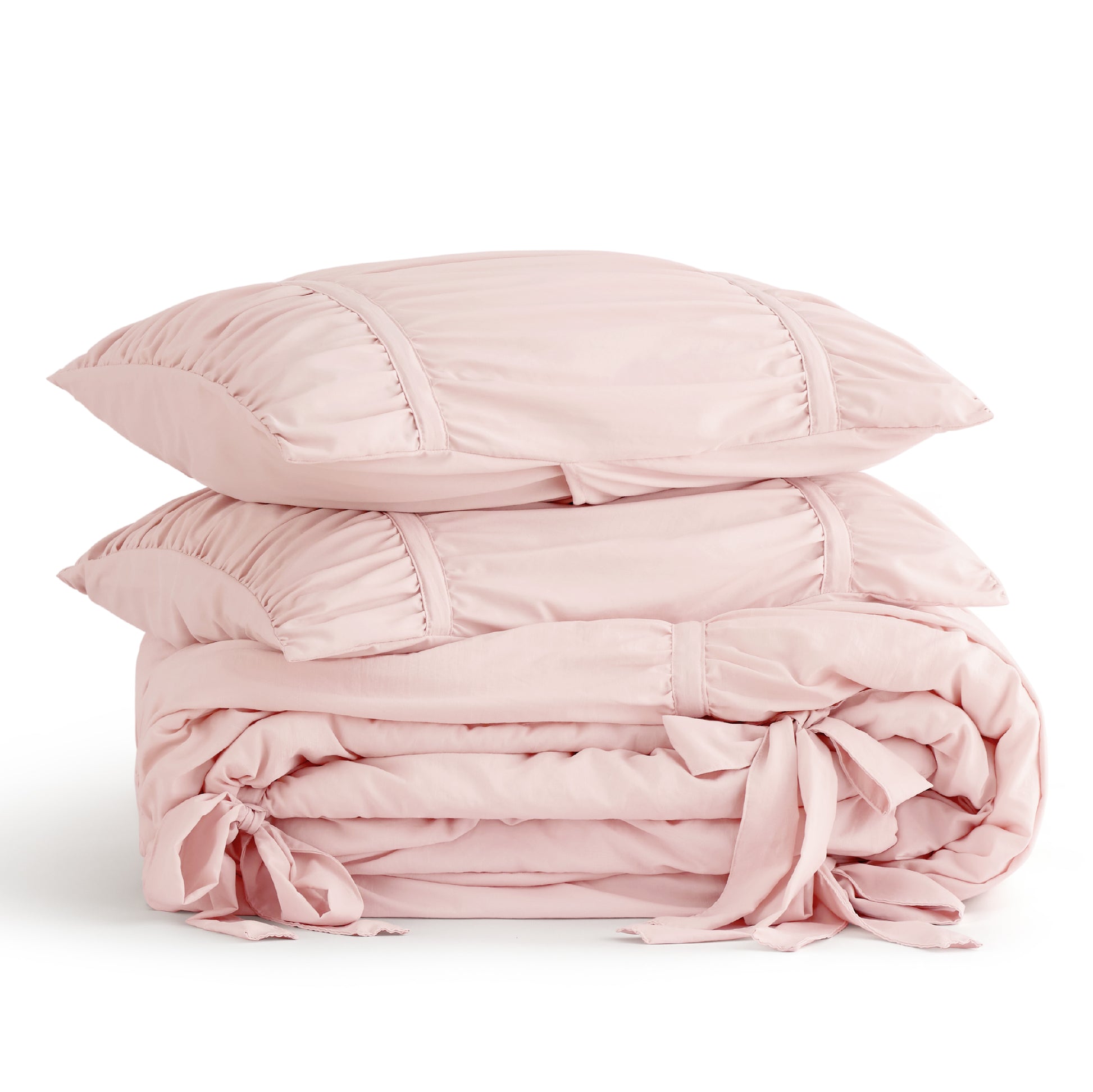 Ruched Bow Comforter Set in pink, with tied bows and ruched pillowcases.