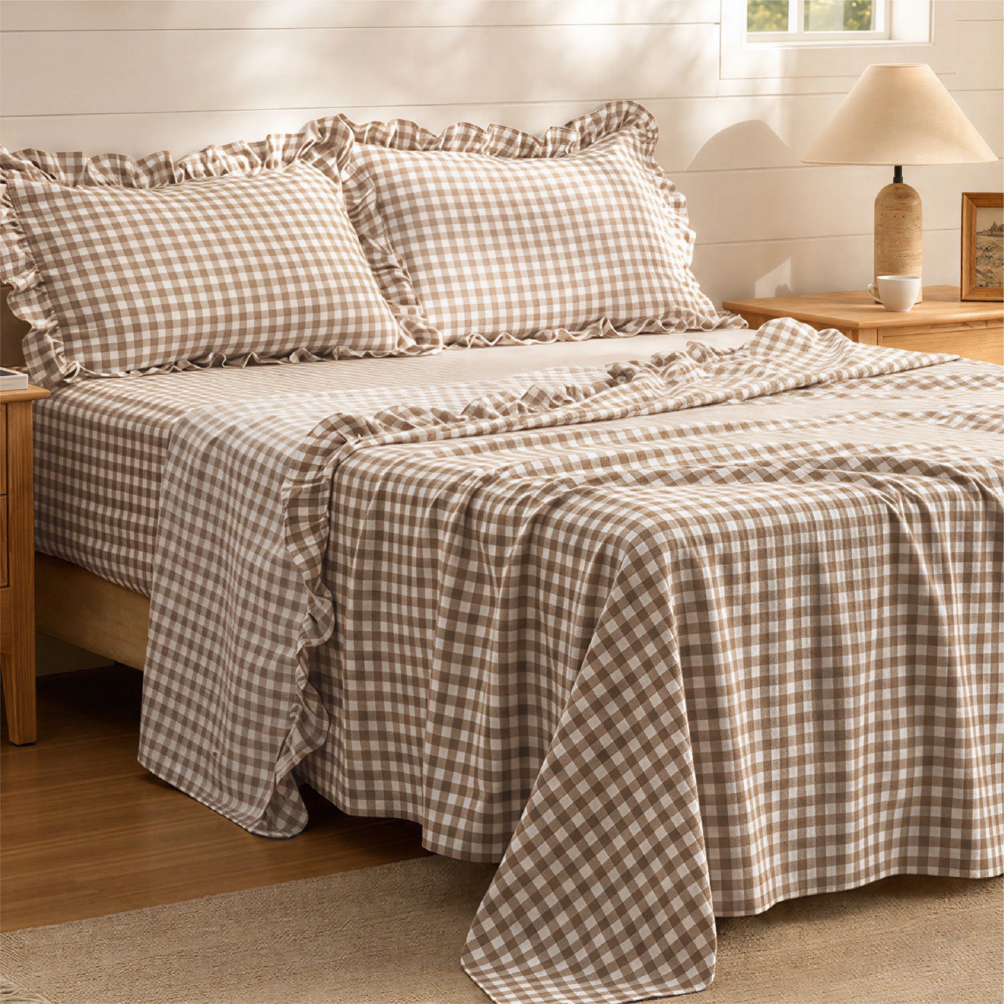 Ruffled Cotton-Like Gingham Sheet Set