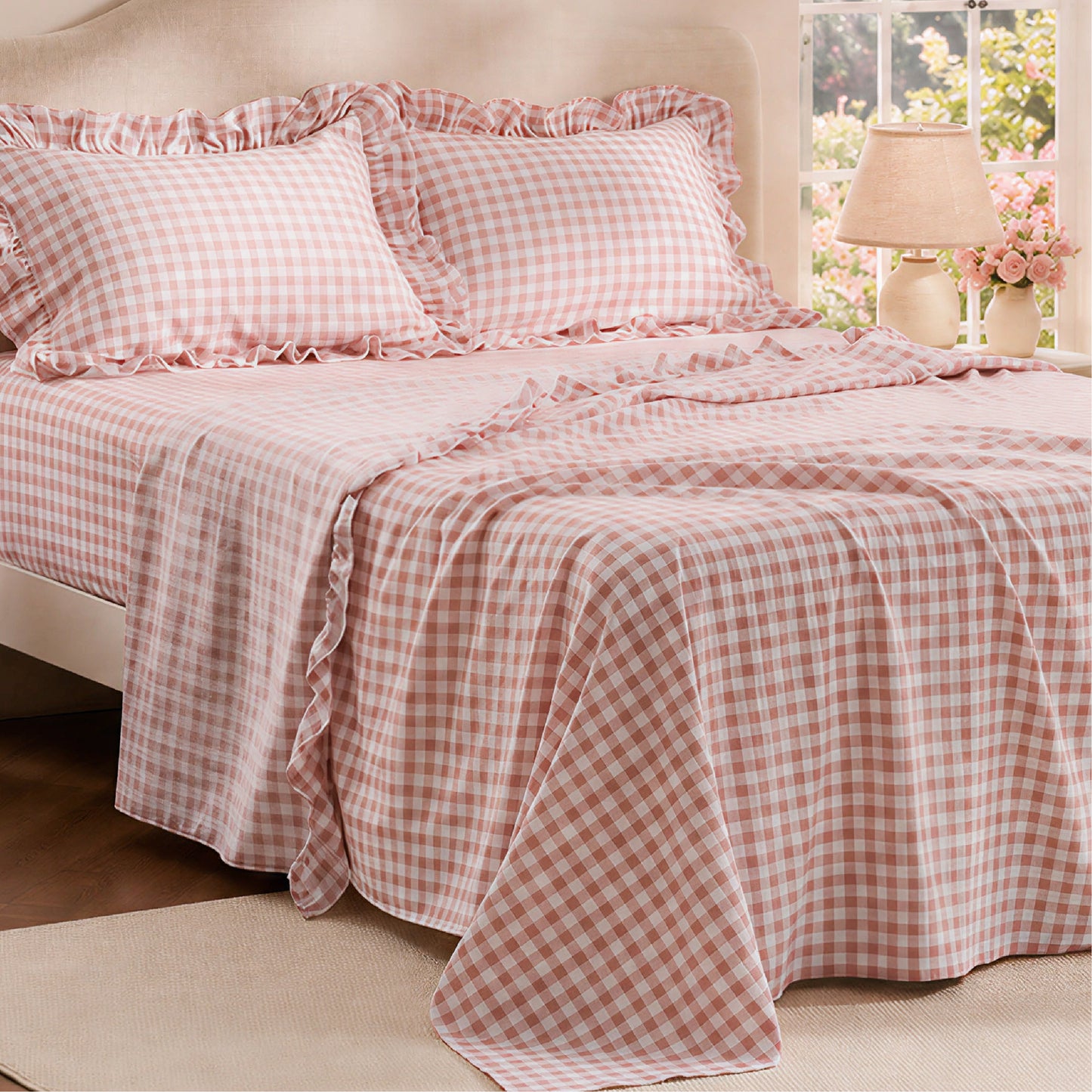 Ruffled Cotton-Like Gingham Sheet Set