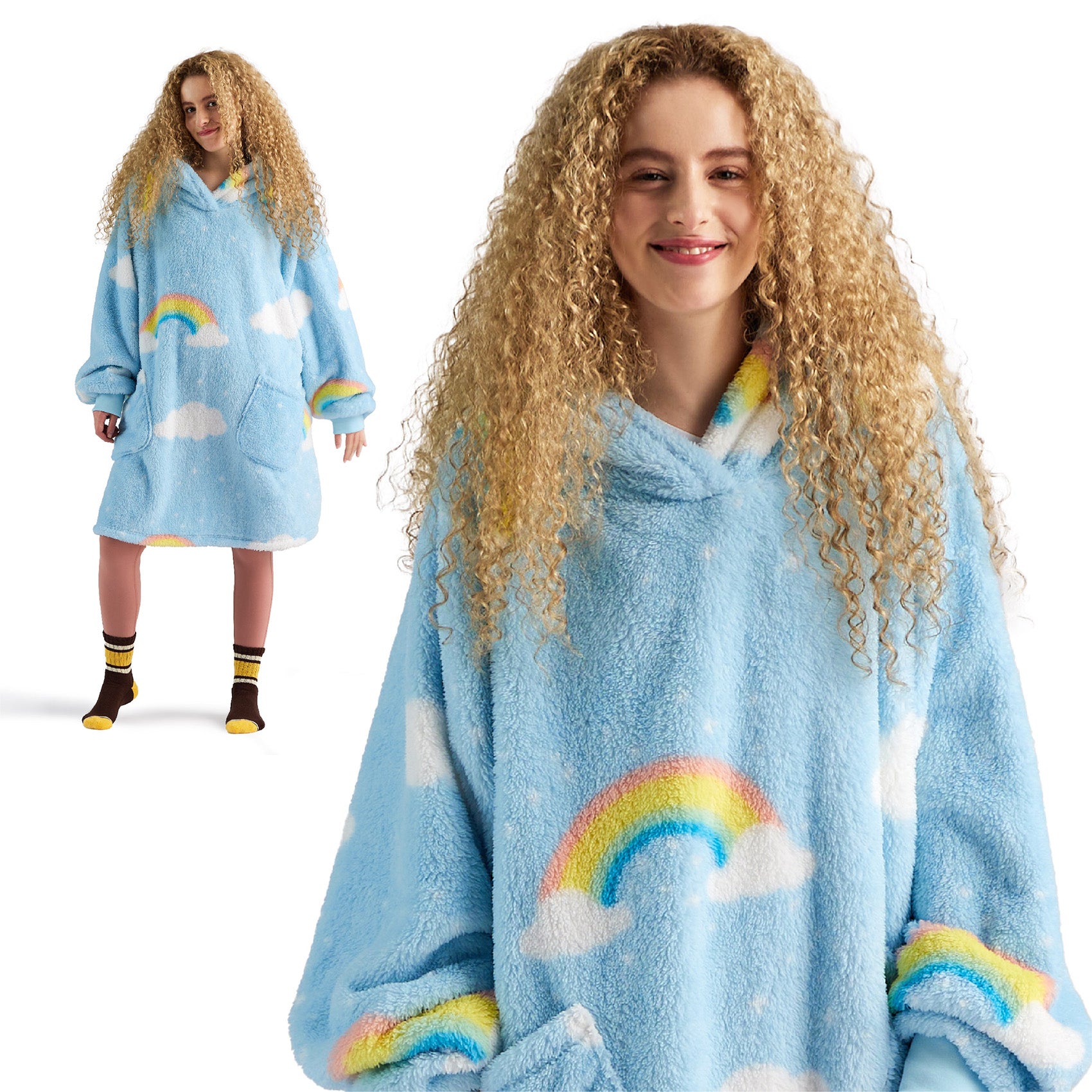 GentleSoft™ Printed Shaggy Sherpa Blanket Hoodie Sea Foam