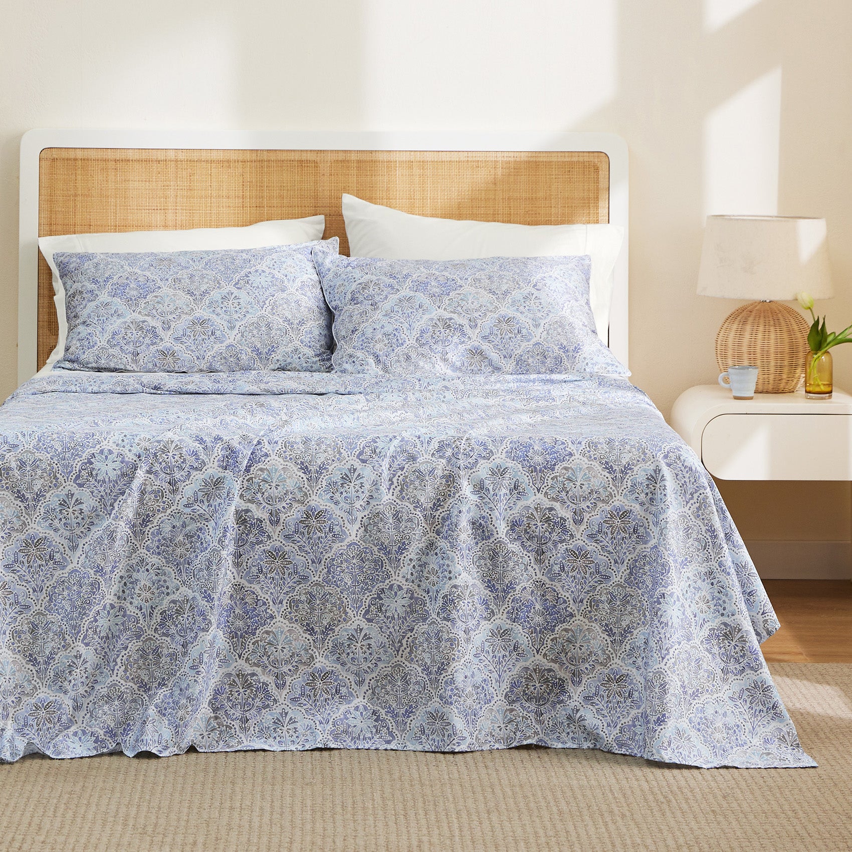 100% Cotton Floral Print Sheet Set Blue