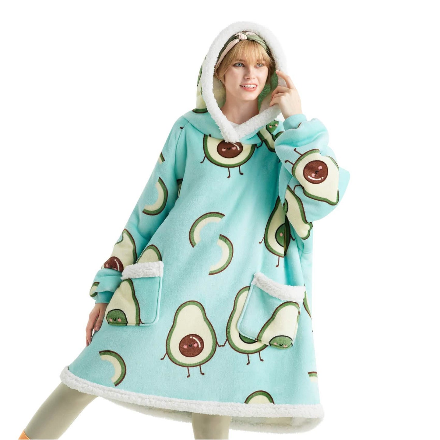 Sherpa Fleece Printed Short Wearable Blanket Hoodie Mint Green