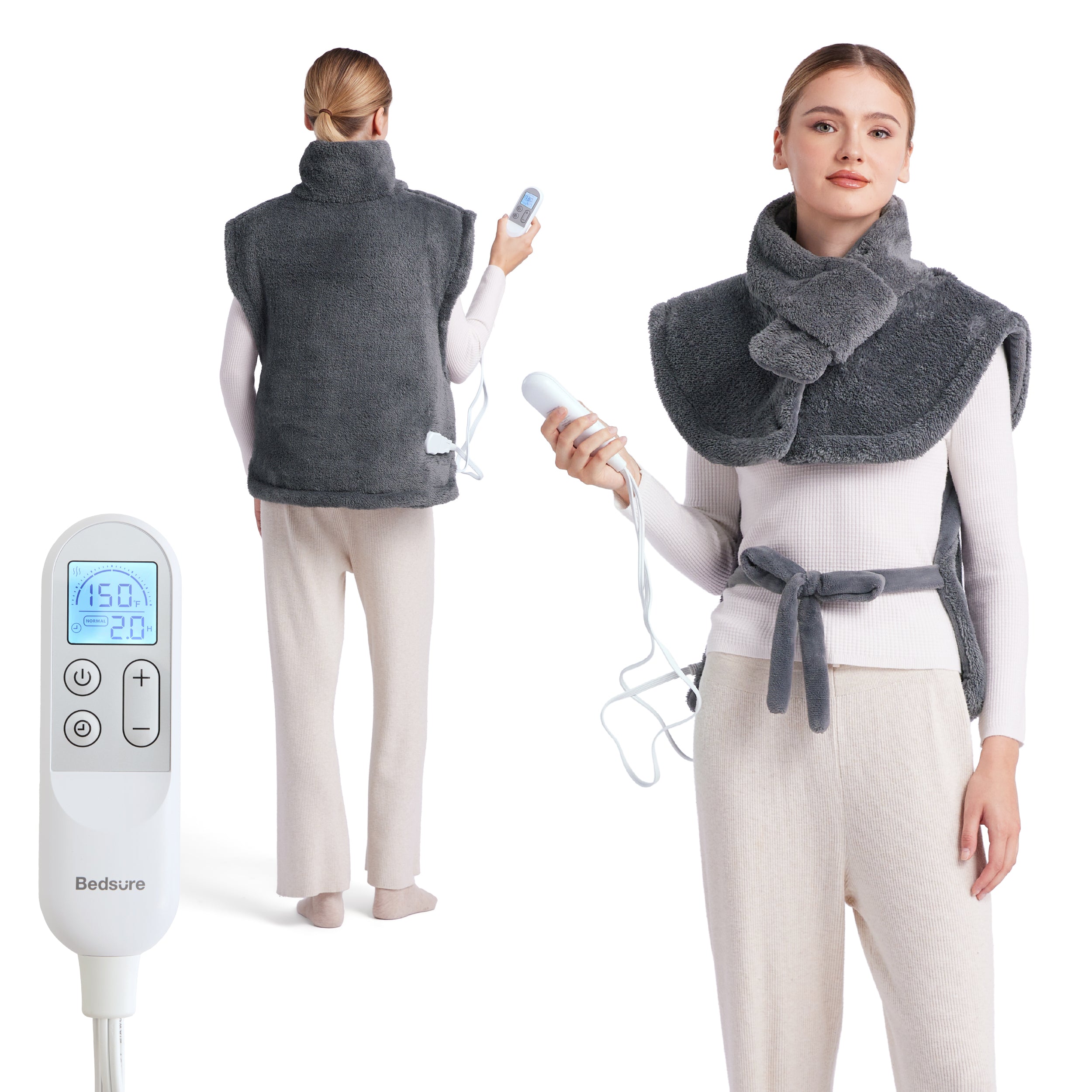 Bedsure grey smart heating pad for neck/shoulders; 150°F/2H digital controller, adjustable fit.