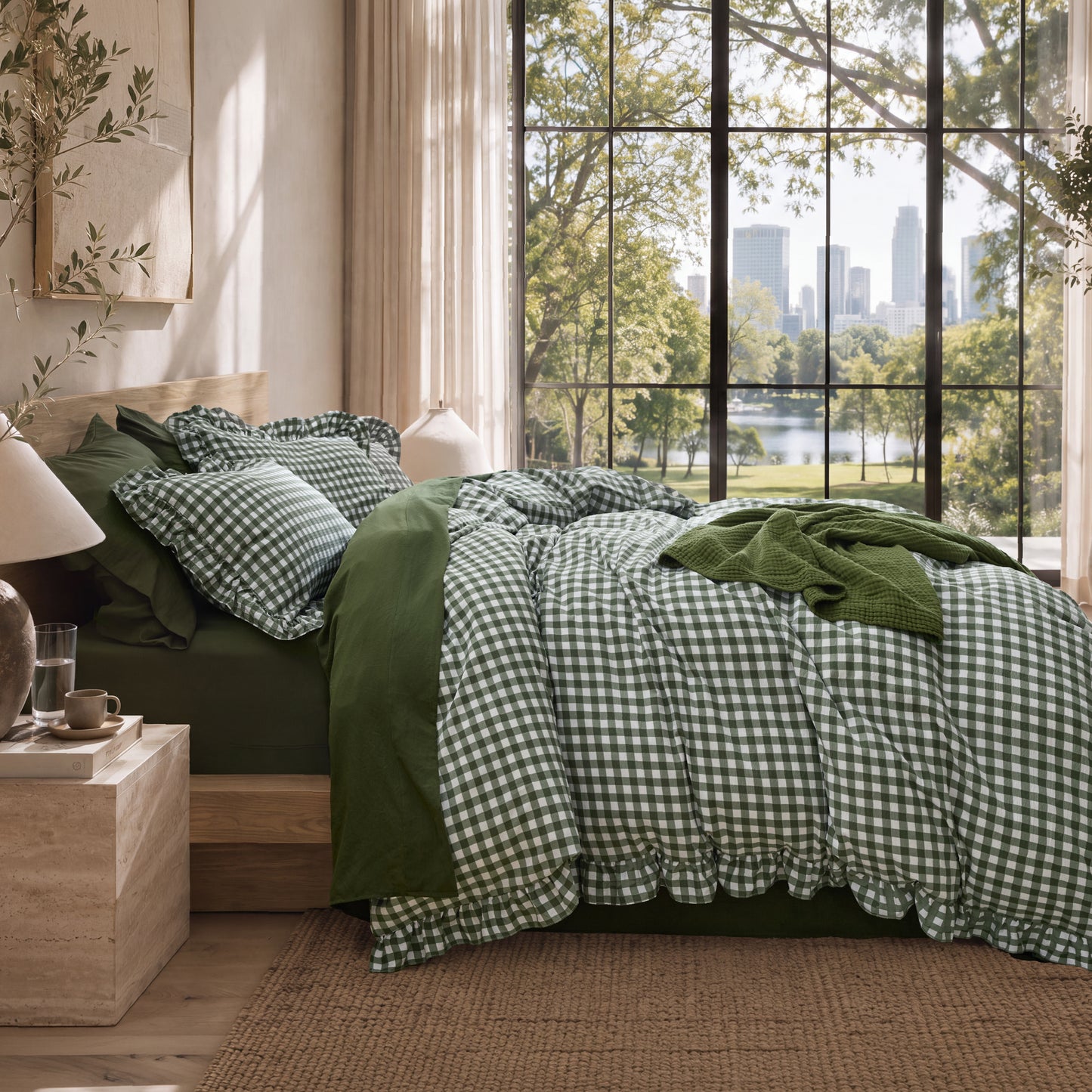 Ruffled Cotton-Like Gingham Duvet Cover Set