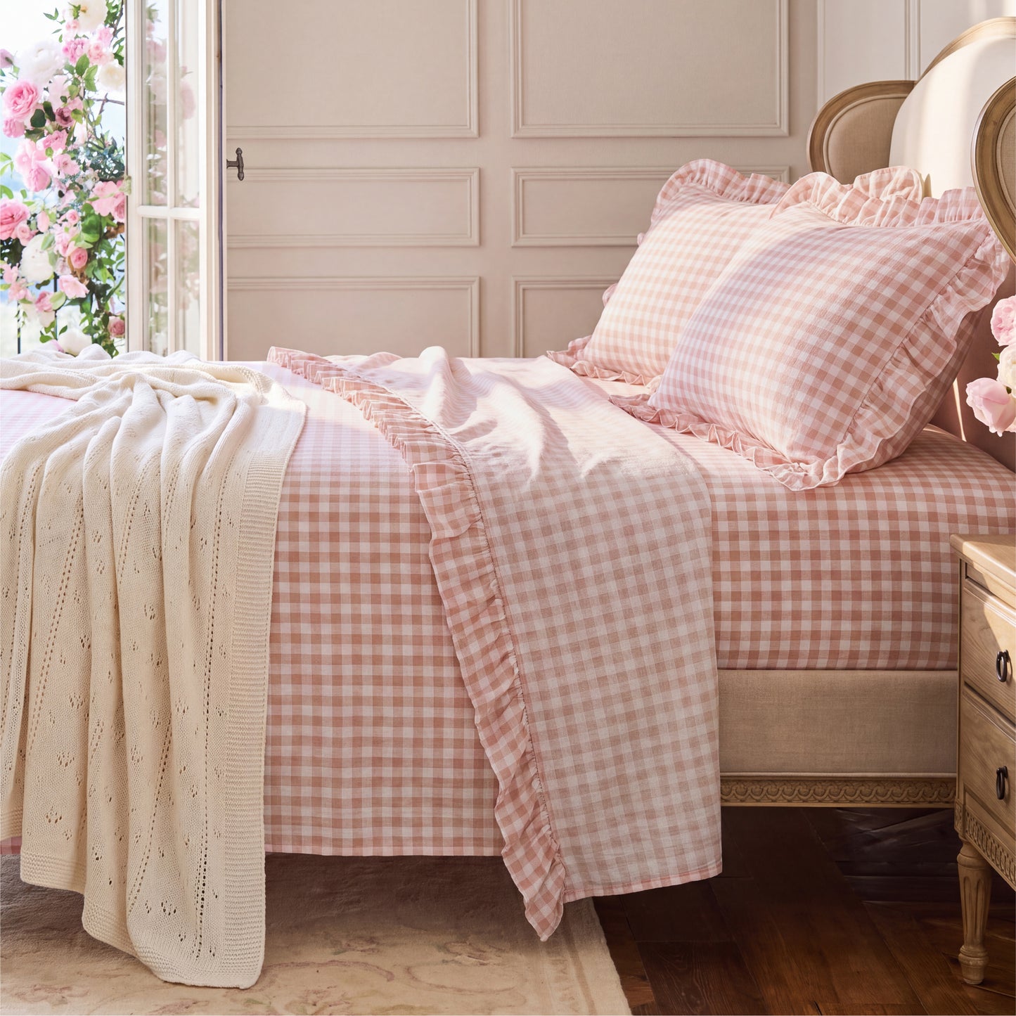 Ruffled Cotton-Like Gingham Sheet Set