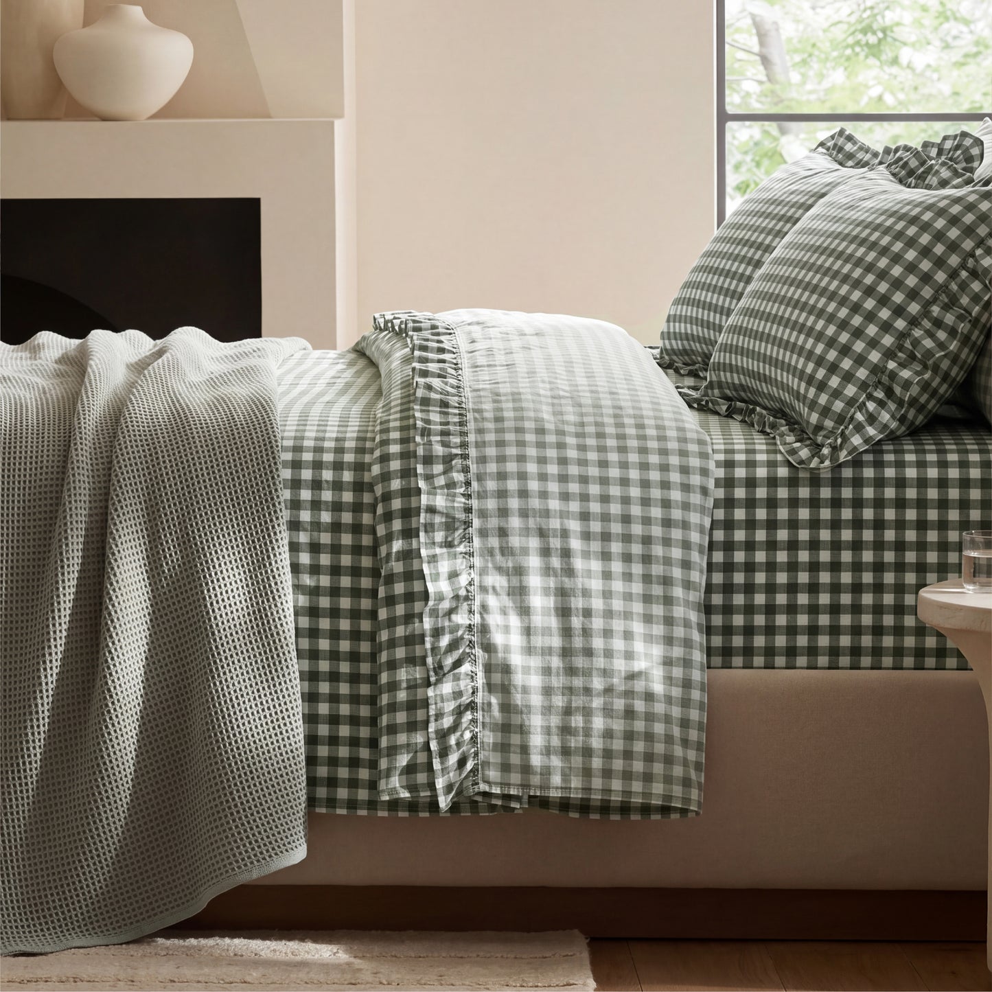 Ruffled Cotton-Like Gingham Sheet Set