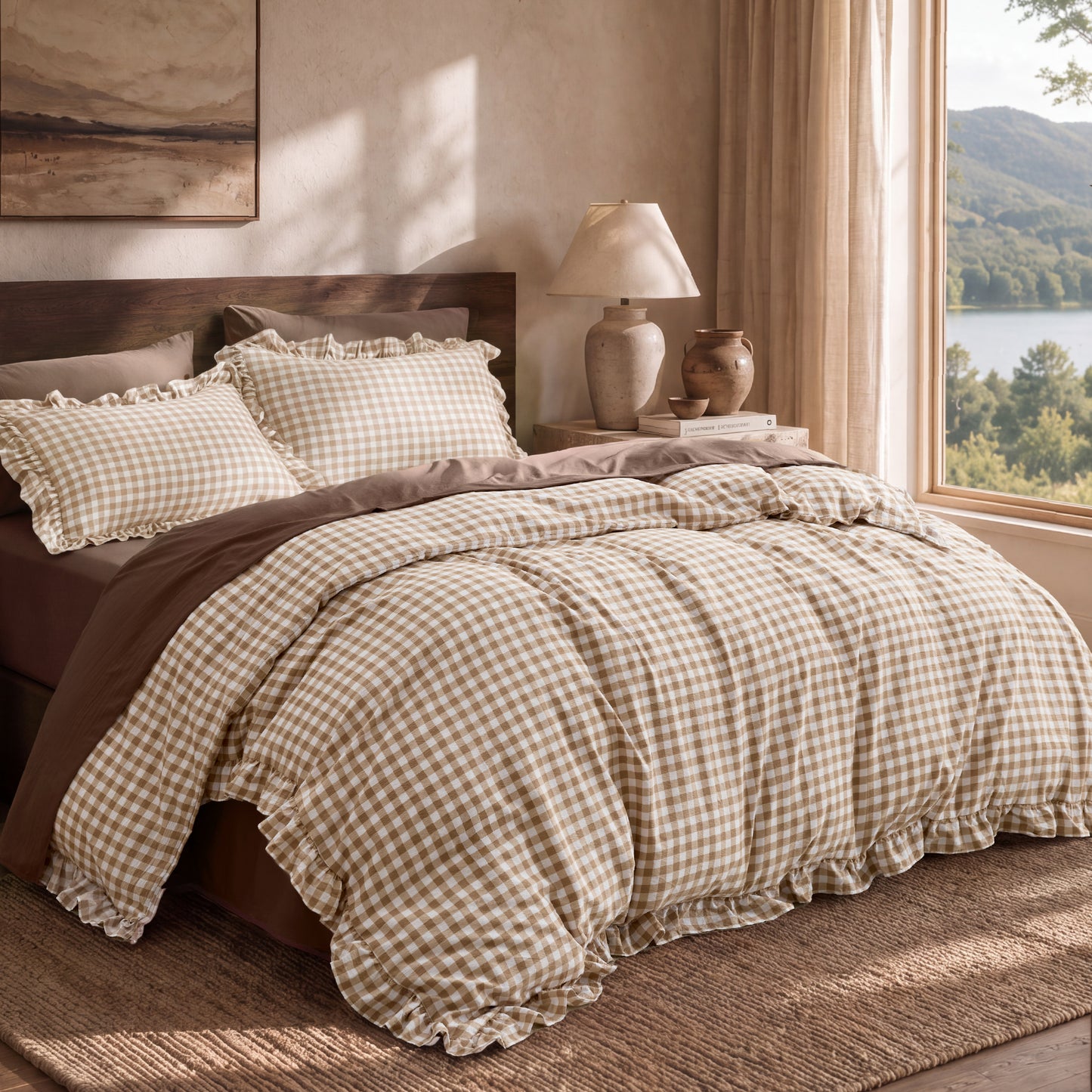 Ruffled Cotton-Like Gingham Duvet Cover Set