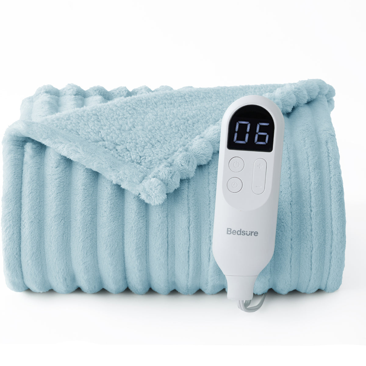 Light blue striped flannel heated blanket with controller showing '06' and 'Bedsure' logo.
