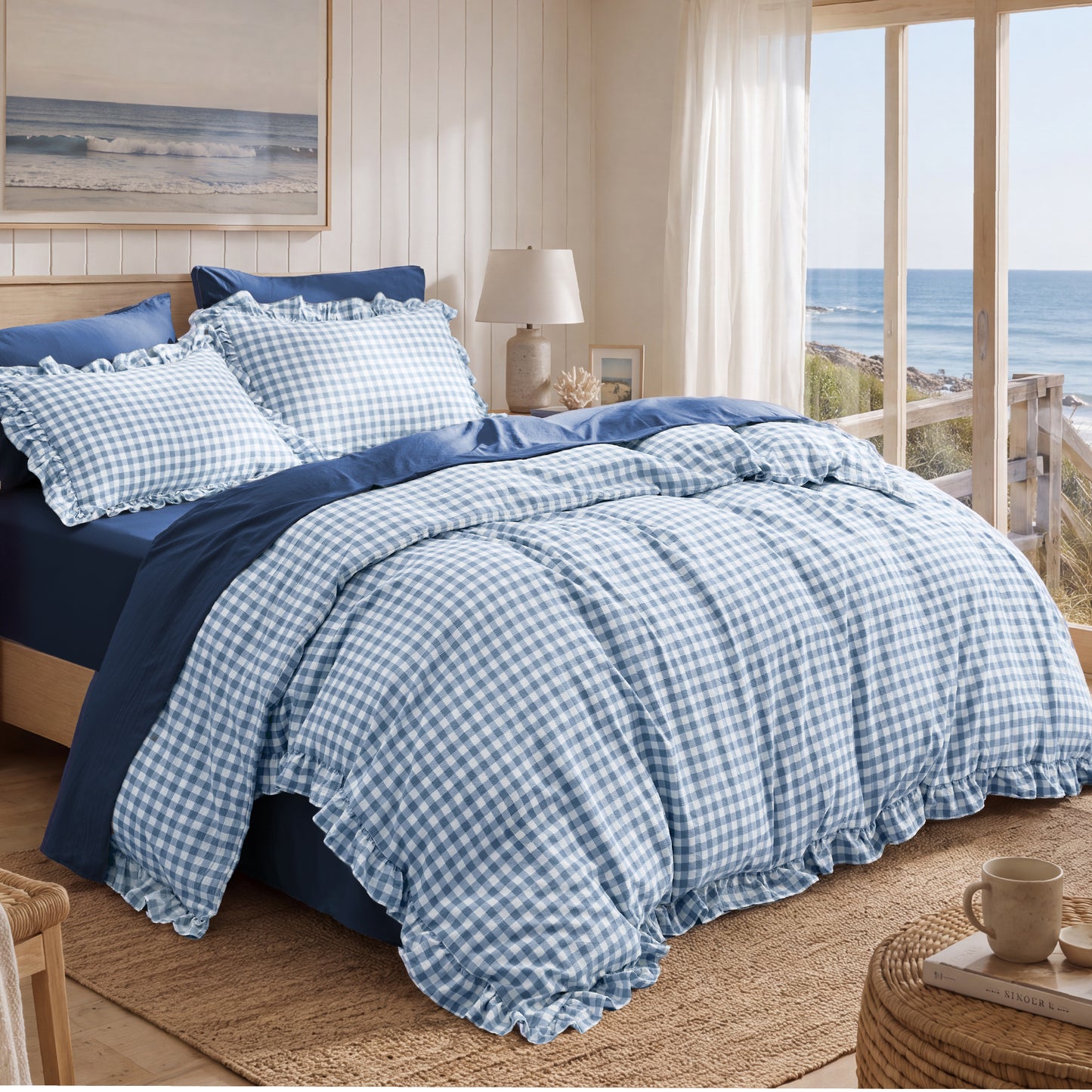 Ruffled Cotton-Like Gingham Duvet Cover Set