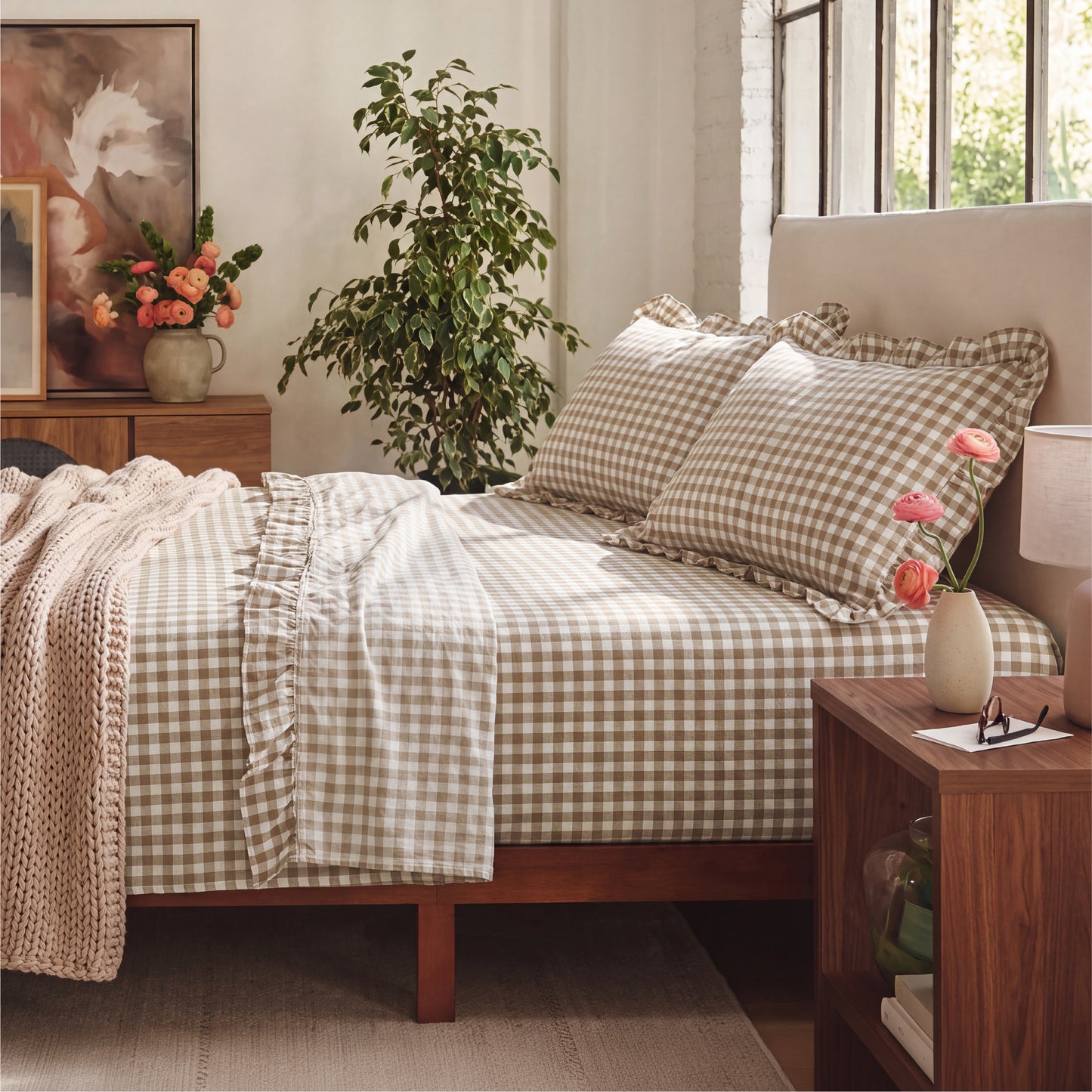 Ruffled Cotton-Like Gingham Sheet Set