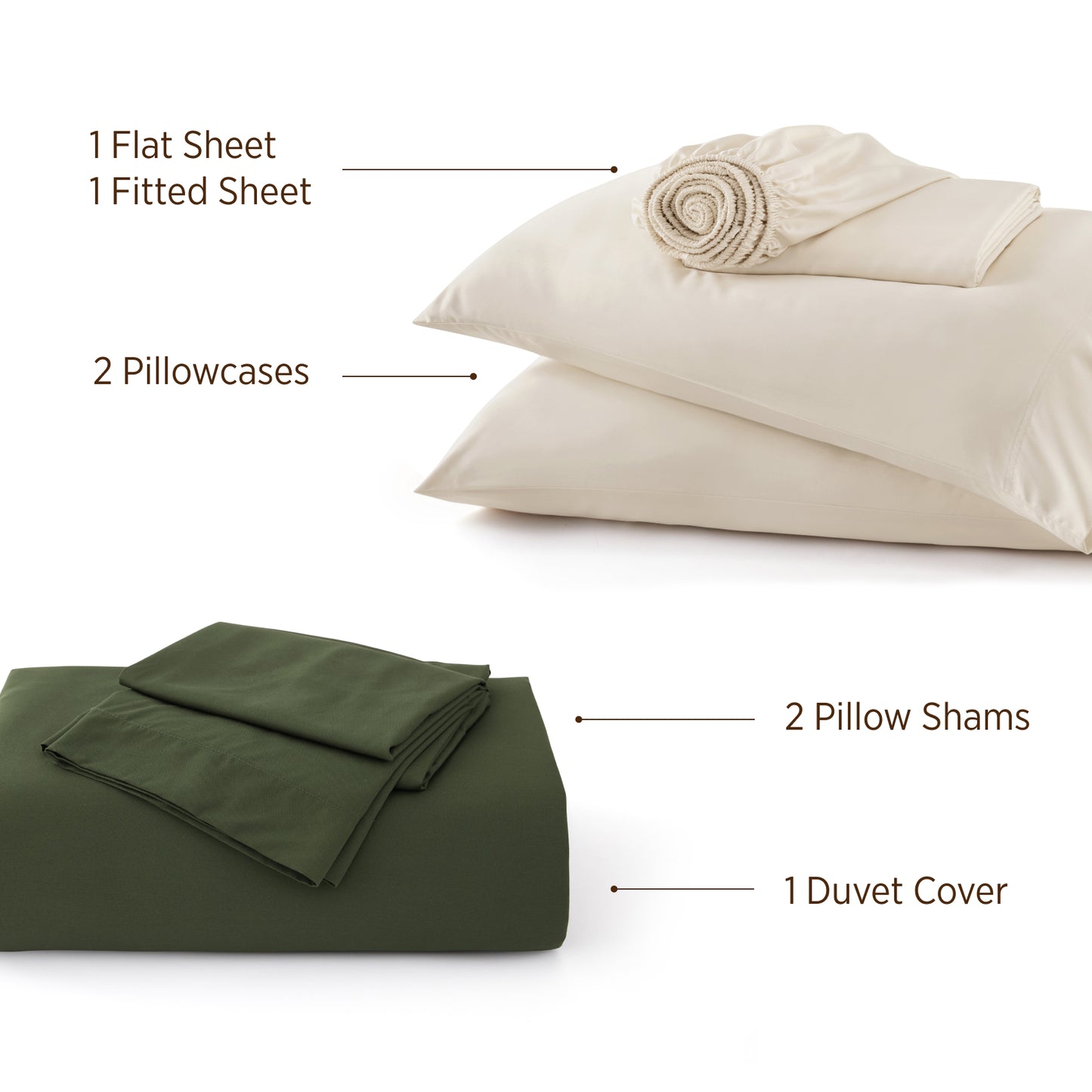 Rayon Derived from Bamboo bedding bundle: cream sheet set (1 flat, 1 fitted, 2 pillowcases), green duvet cover & 2 shams.